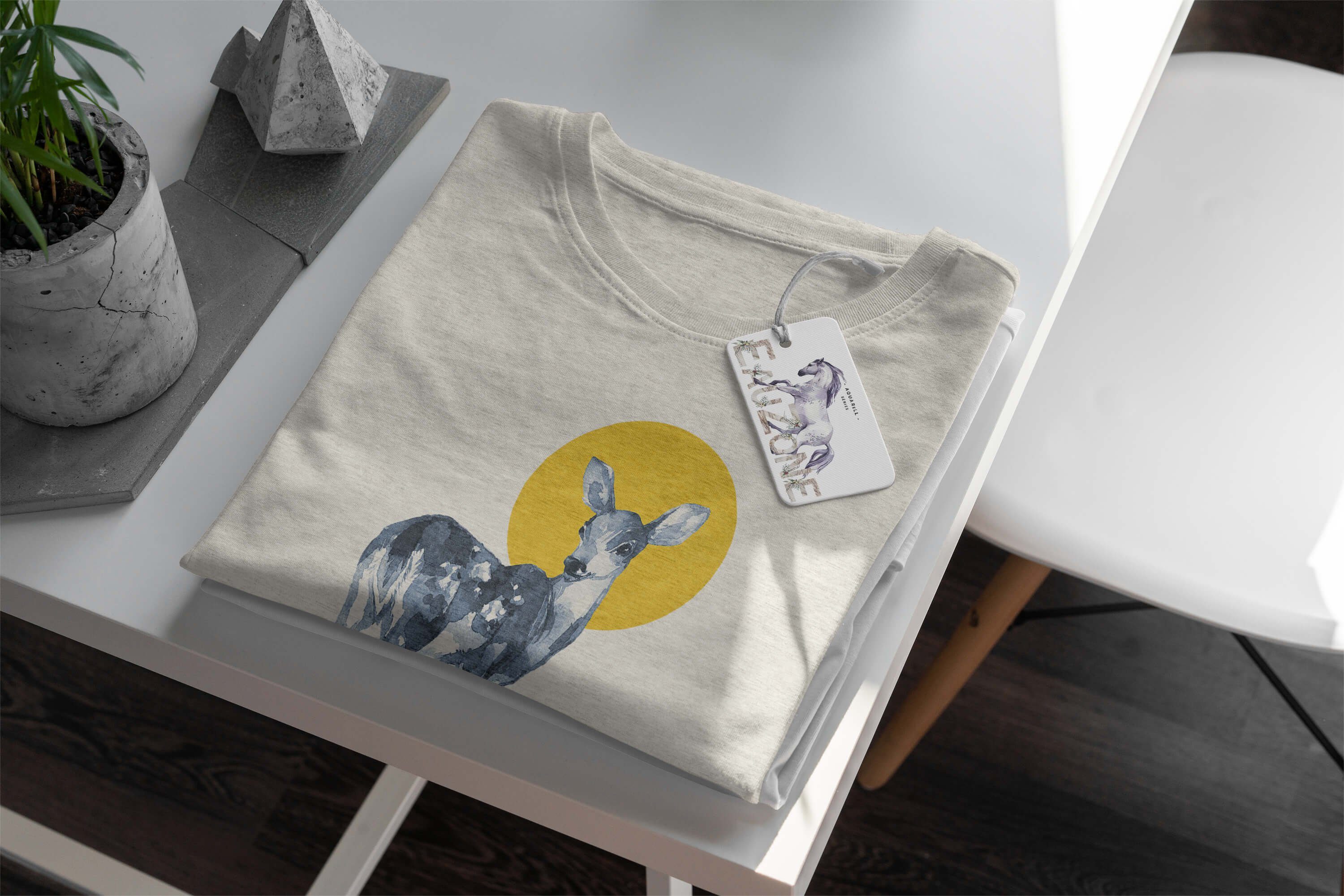 Motiv Reh Art Herren Shirt T-Shirt gekämmte T-Shirt Ökomode Sinus Nachhaltig 100% erneuerb aus Bio-Baumwolle (1-tlg) Aquarell