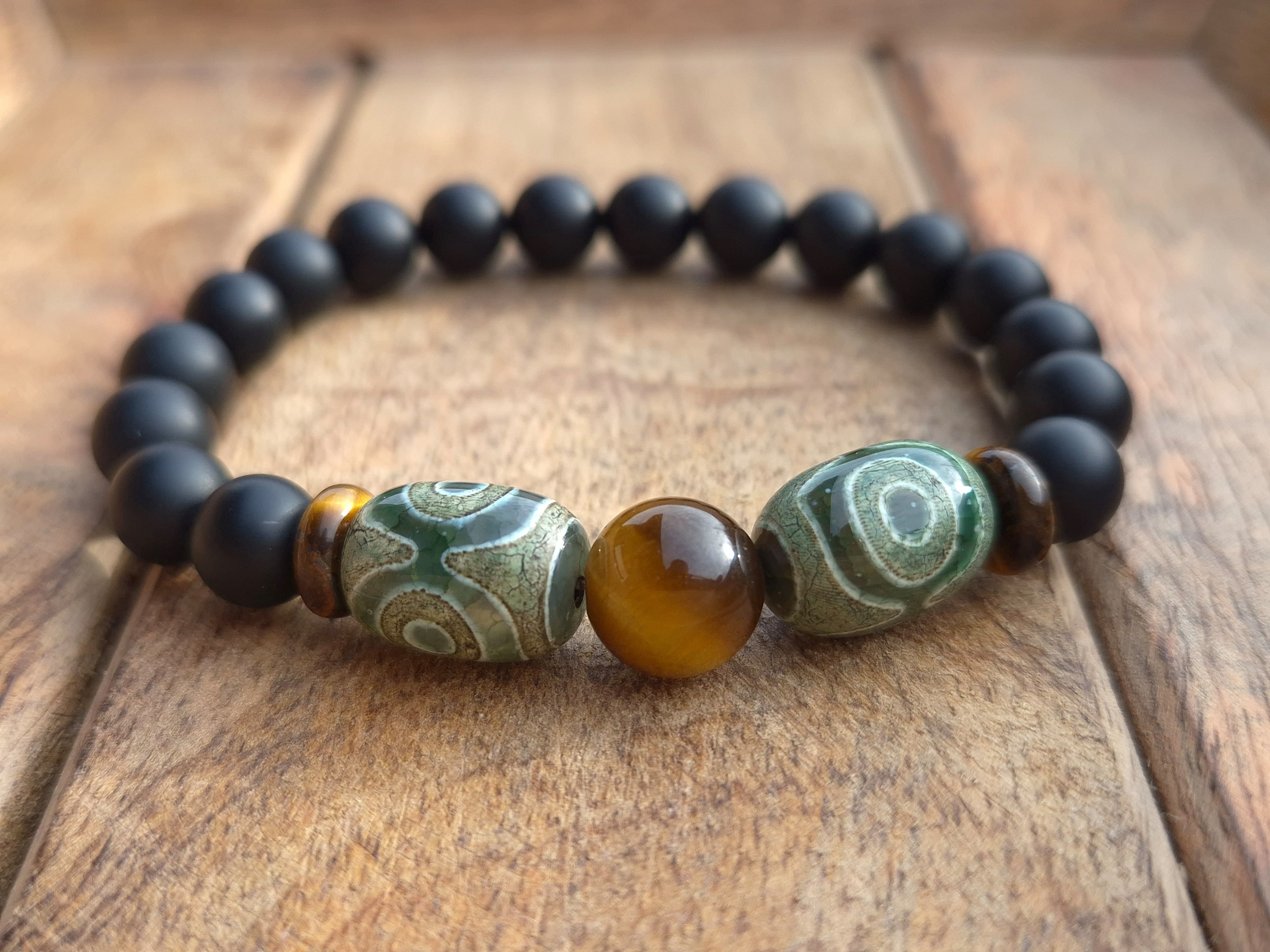 NAHLE Armband Tibetischer Achat Tigerauge Onyx 8mm Perlenarmband, handmade, dehnbares Band, made in Germany