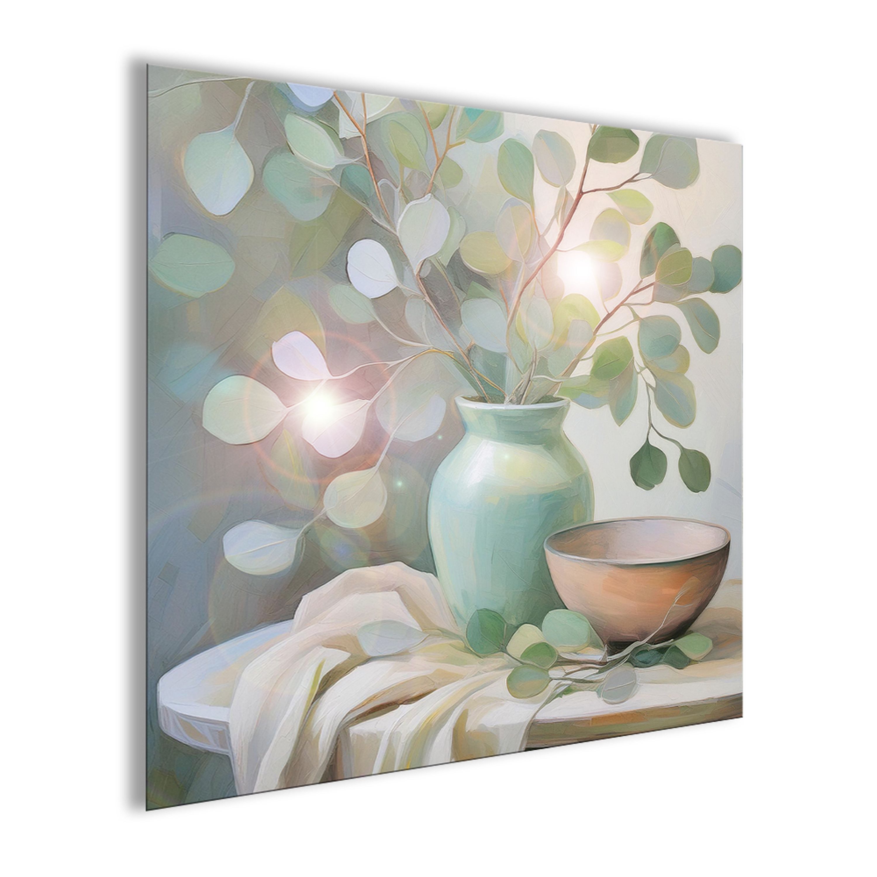 artissimo Glasbild Bild aus Glas 50x50 cm / Wandbild Quadratisch / Wanddeko modern, Stillleben: Eukalyptuszweige mit Schale in salbei grün – Bild 2 von 5