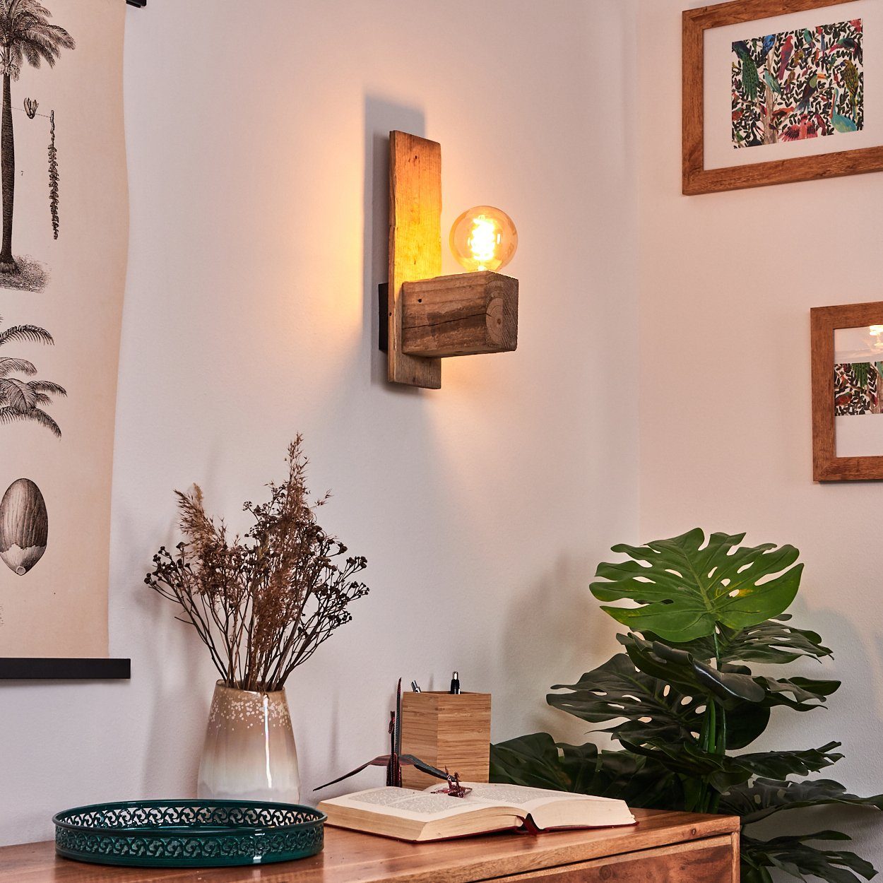 hofstein Wandleuchte »Cartura« Wandlampe aus Metall/Holz in Schwarz/Natur, günstig online kaufen