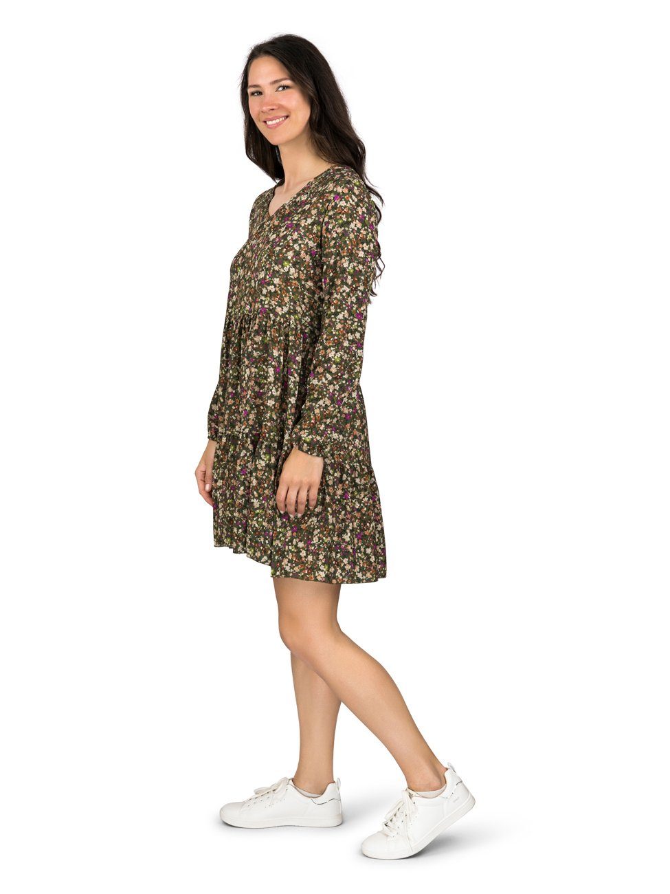 DENIMFY Sommerkleid Damen Kleid DFIda A-Linie langarm Freizeitkleid mit V-Ausschnitt aus 100% Viskose