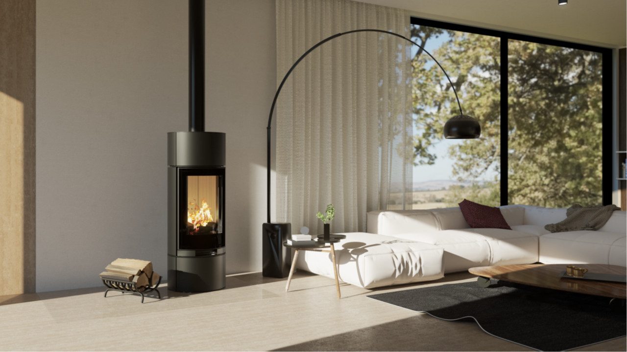 Hitze Kaminofen Hitze Charuto - Freistehender runder Kamin mit gebogenem Dekorglas, 8,5 kW