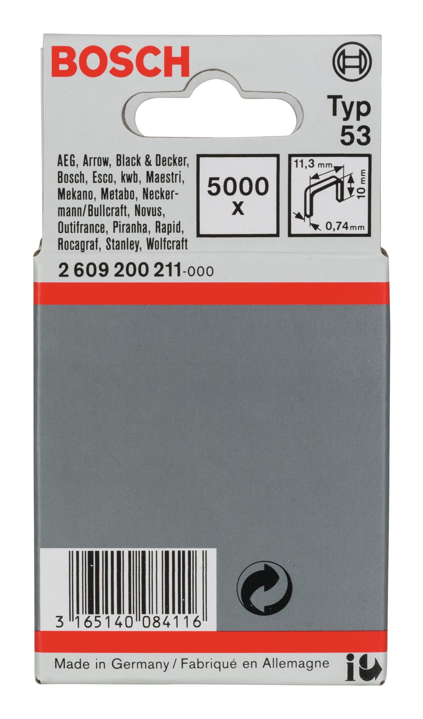 BOSCH Tackerklammer, Typ 53 Feindrahtklammer - 0,74 x 10 x 11,4 mm - 5000er-Pack