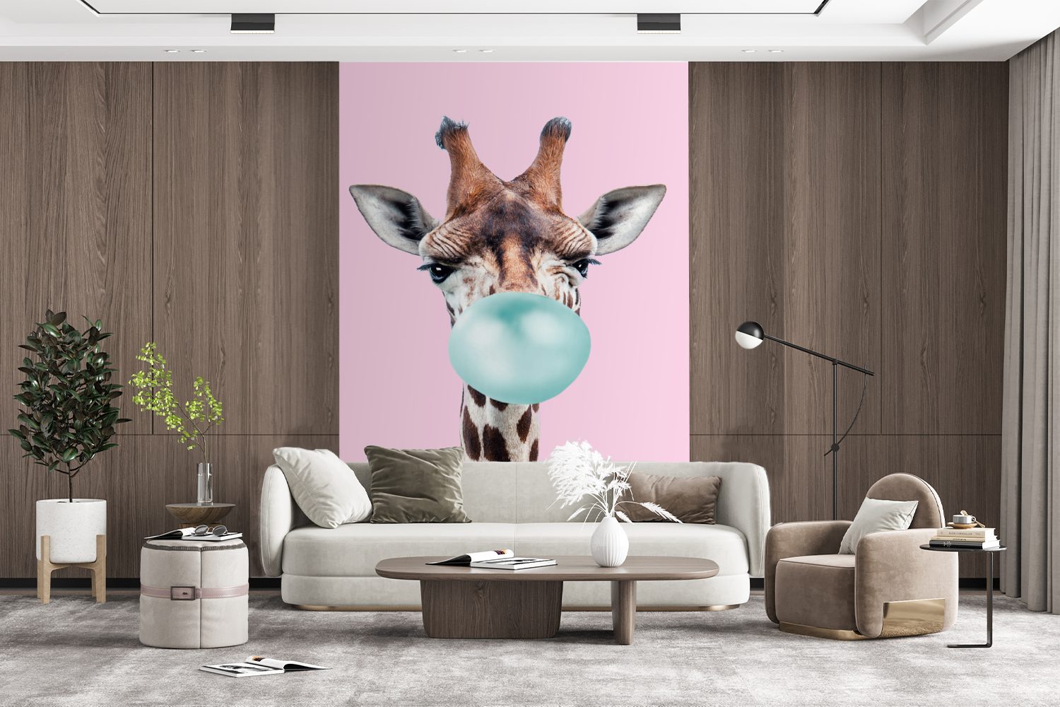 bedruckt, - - Giraffe - für Rosa Kaugummi St), Vinyl (3 Wandtapete - Kinder Mädchen, - Mädchen - Fototapete Montagefertig Wohnzimmer, MuchoWow Tapete Matt, Blau