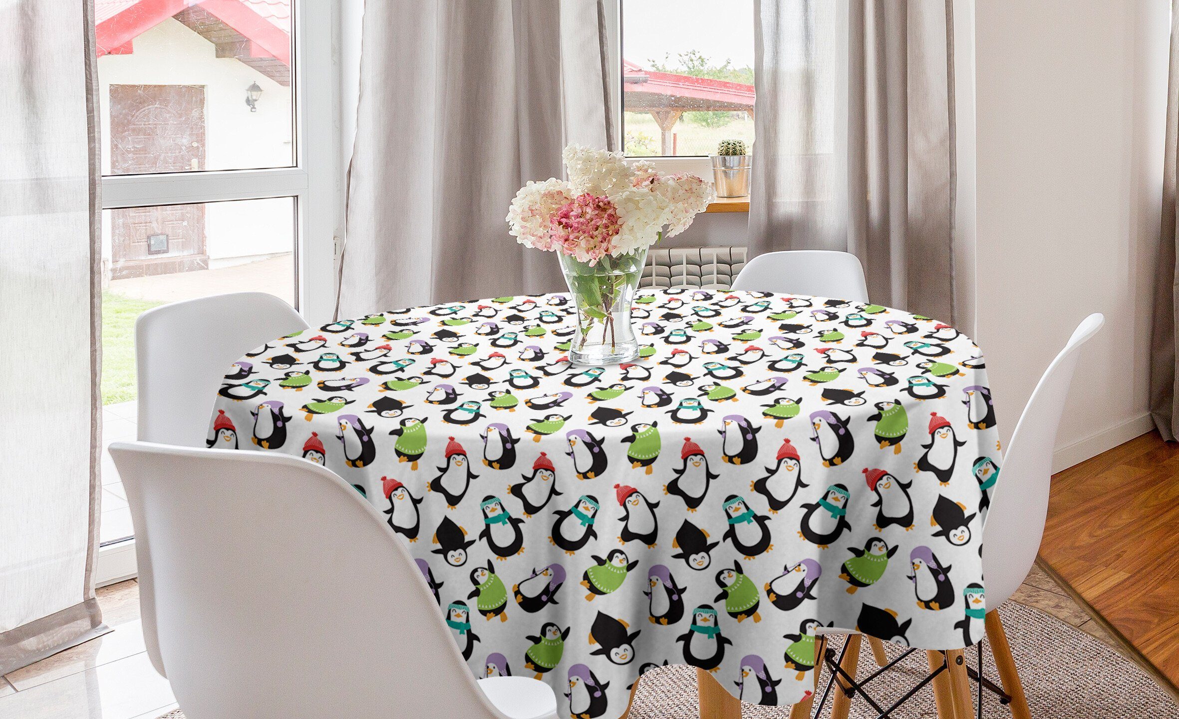 Abakuhaus Tischdecke Kreis Tischdecke Abdeckung für Esszimmer Küche Dekoration, Pinguin Glückliche Lustige Tiere