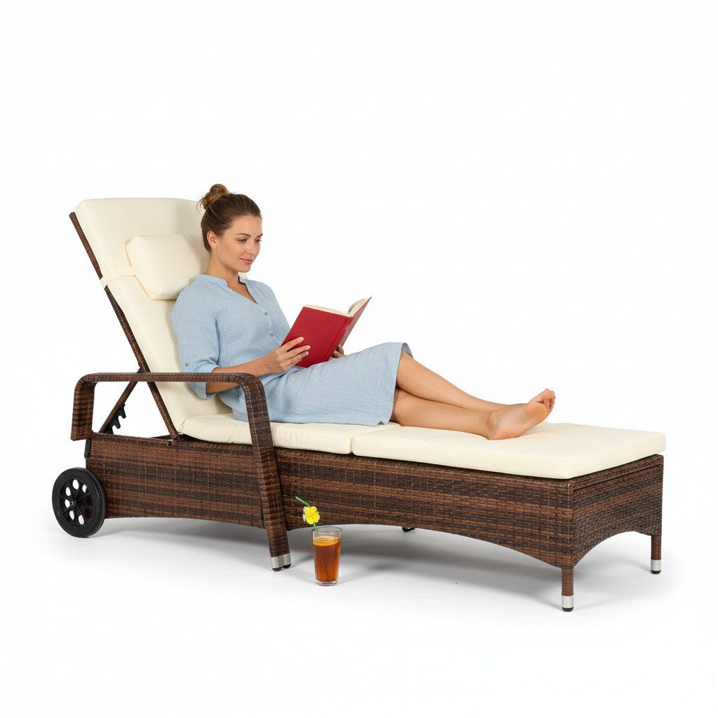 Feel2Home Gartenliege Polyrattan Sonnenliege mit verstellbarer Rückenlehne und Auflage, Stück, 1 St., Set bestehend aus 1 Sonnenliege inkl. Kissen, Gartenliege mit Rollen, Kopfstütze und verstellbarer Rückenlehne
