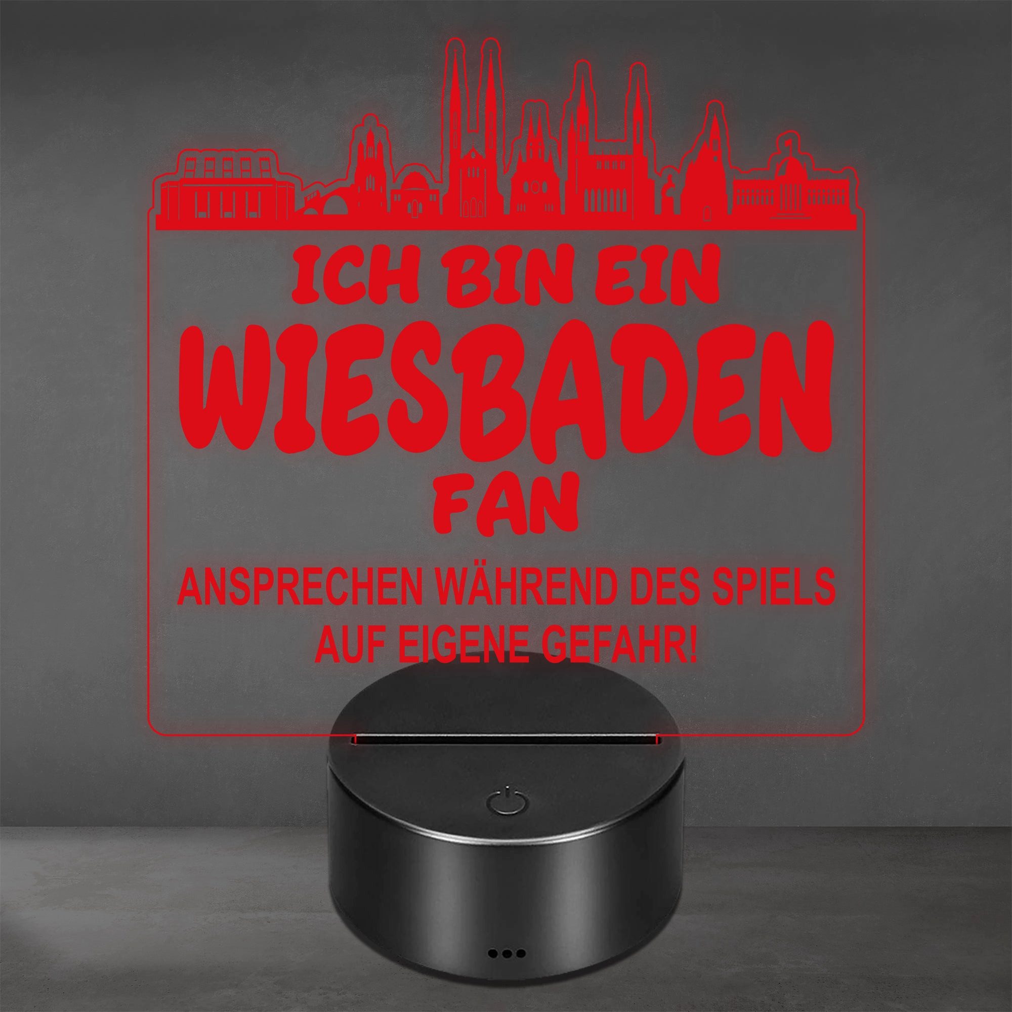 Lieblingsmensch LED Nachtlicht Fußball - Ich bin ein Wiesbaden Fan - Ansprechen auf eigene Gefahr, LED fest integriert, Farbwechsel oder feste Farbe mit Fernbedienung & Touch, Man Cave Stimmungslicht – 19x23cm