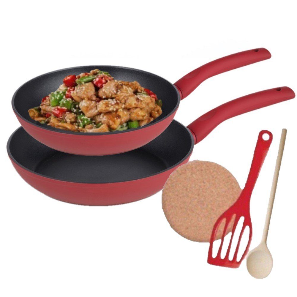 KESSMANN Pfannen-Set Induktionspfannen 20cm 24cm + Herdarten, Schmorpfanne Aluminium induktionsherd Holzlöffel rot Antihaft), 5-tlg., Pfannenset für 1 Pfannenwender alle + Inkl. (Set, Servierpfanne 5tlg Untersetzer 1 Hochrandpfanne 1 Bratpfanne