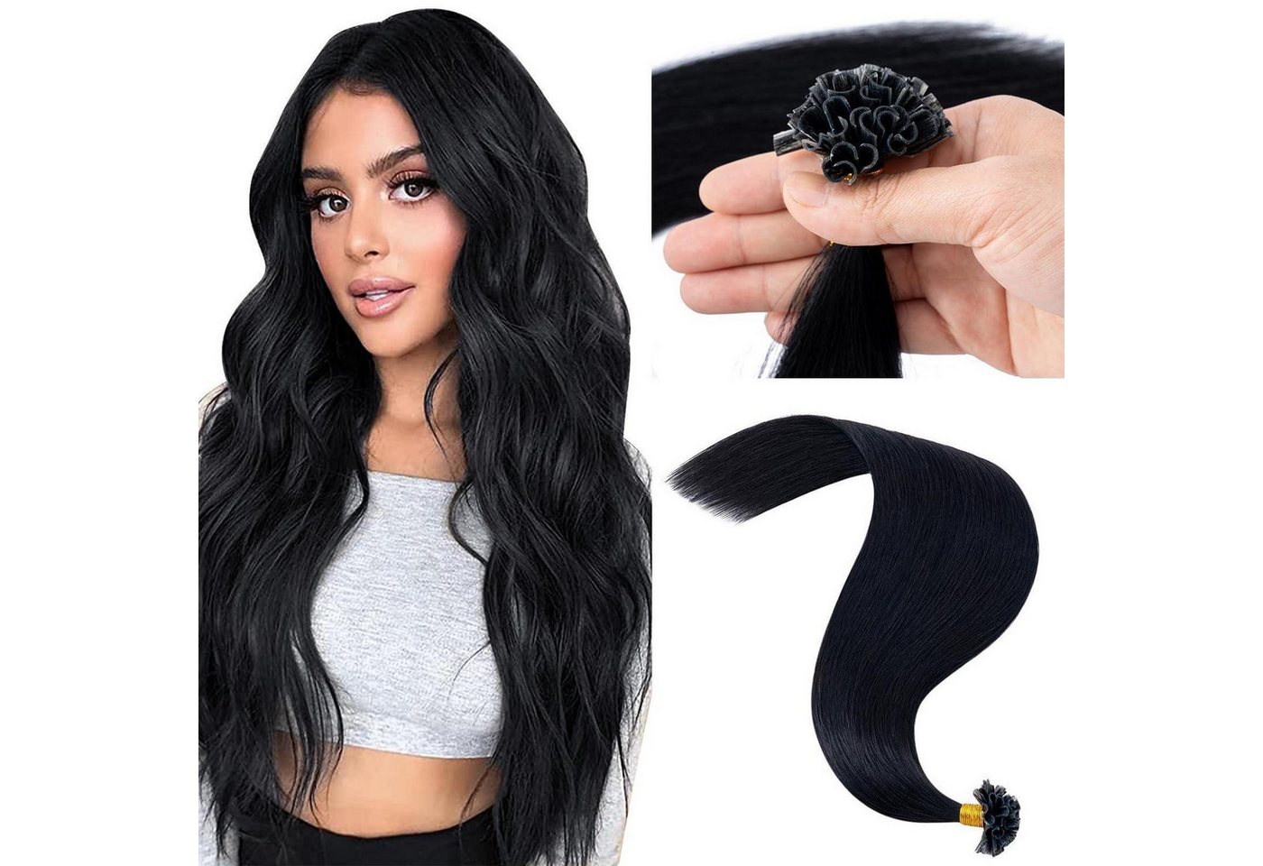 LuxusKollektion Echthaar-Extension Extensions Echthaar Bondings Keratin U Tip Remy 50 cm-50g 01 Schwarz