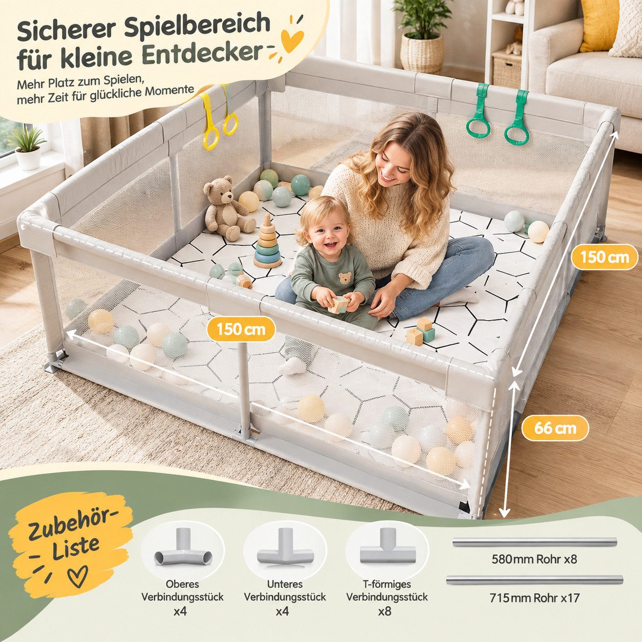 MC Star Laufgitter mit Matte 150x150 cm, Laufstall Baby mit Matratze (Sicher und Geräumig für die Wohnung, Rutschfeste Basis, Atmungsaktives Netzdesign (150X150 – Bild 2 von 5