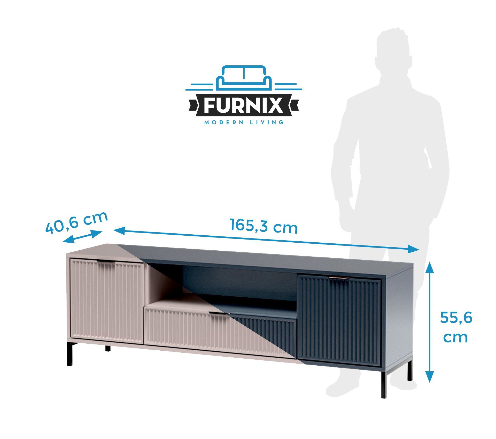 Schublade, x TV-Kommode LINKI LS4 B165,3 Türen und TV-Board Industrial, H55,6 in T40,6 x 2 cm Blickfang, Loft-Design Furnix 1 Indigo mit