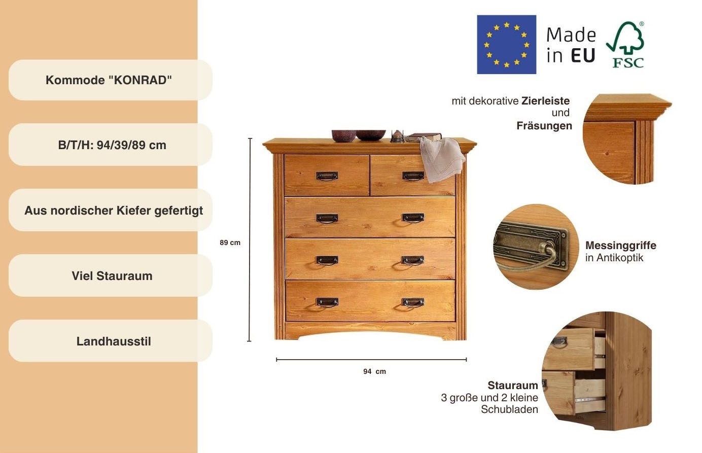 OTTO home Schubkastenkommode Konrad, Breite 94 cm, aus massiver, FSC®-zertifizierter Kiefer