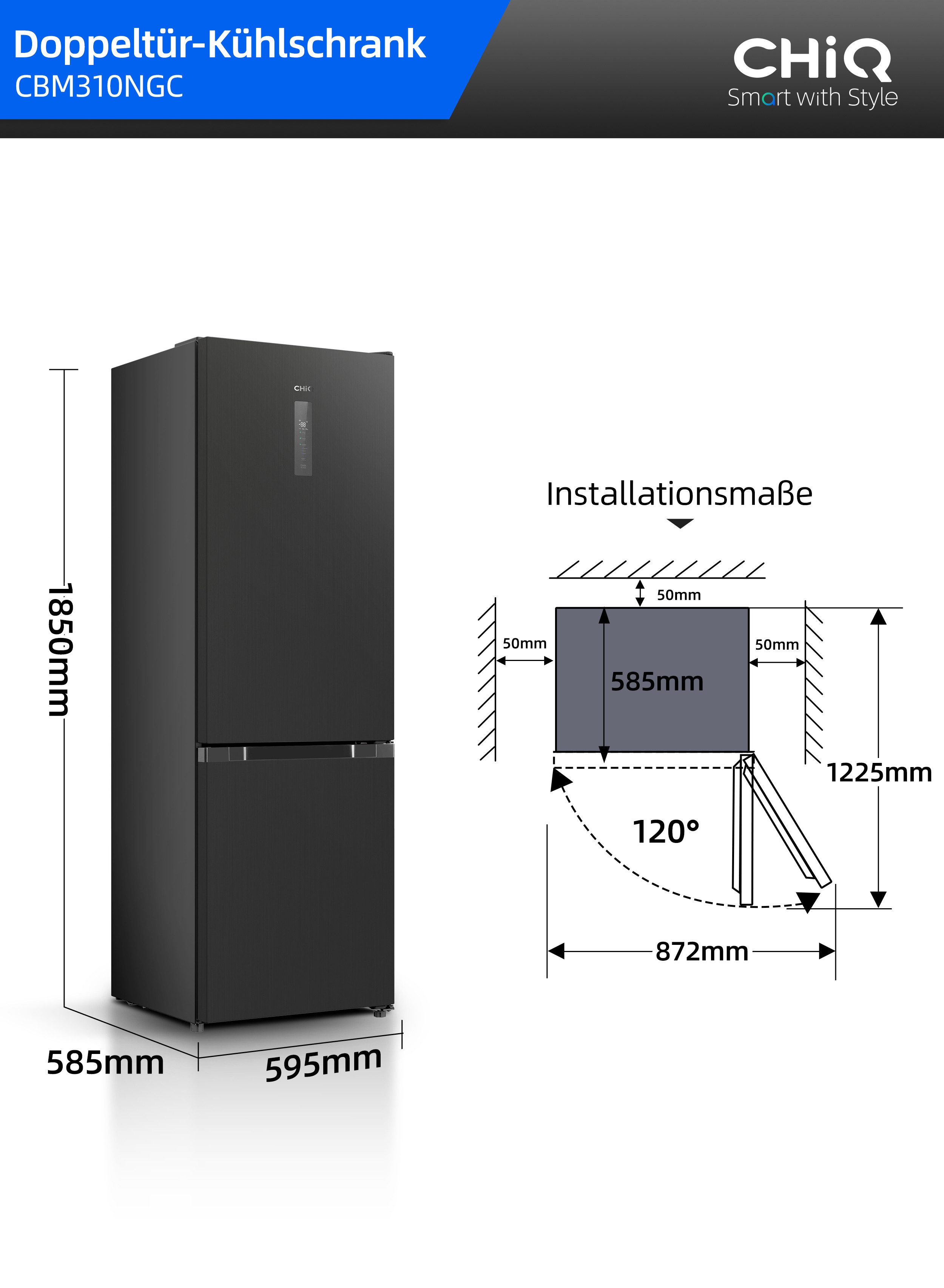 CHiQ Kühl-/Gefrierkombination Pure Flat CBM310NGC, 185 cm hoch, 59.5 cm breit, Total No Frost, EEK C, 3 Temperaturmodi