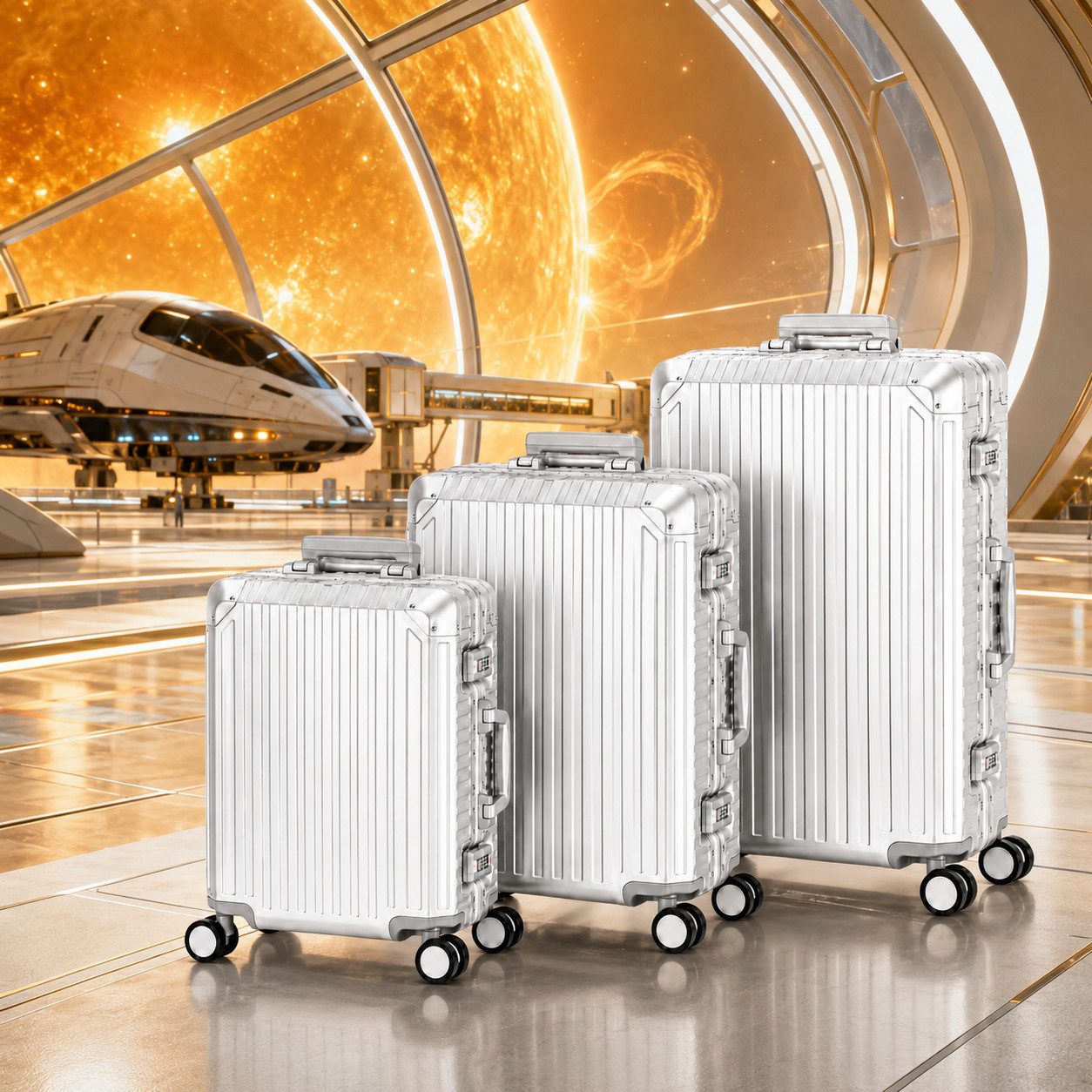 Travelhouse Kofferset 100% Aluminium TOKYO - verschiedene Farben, 4 Rollen, (3 tlg., S+M+L), Zipperless - Kein Reißverschluss, TSA Zahlenschloss, Nassfach