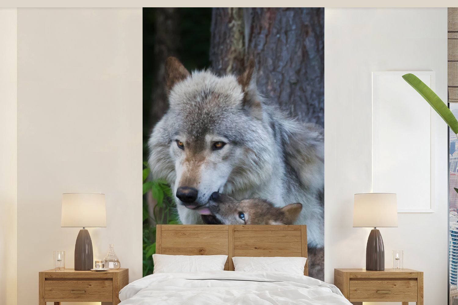 Wohnzimmer Wolf Schlafzimmer (2 für Vliestapete Küche, - St), Matt, MuchoWow Fototapete - Welpe, Moos Wald bedruckt, Fototapete -