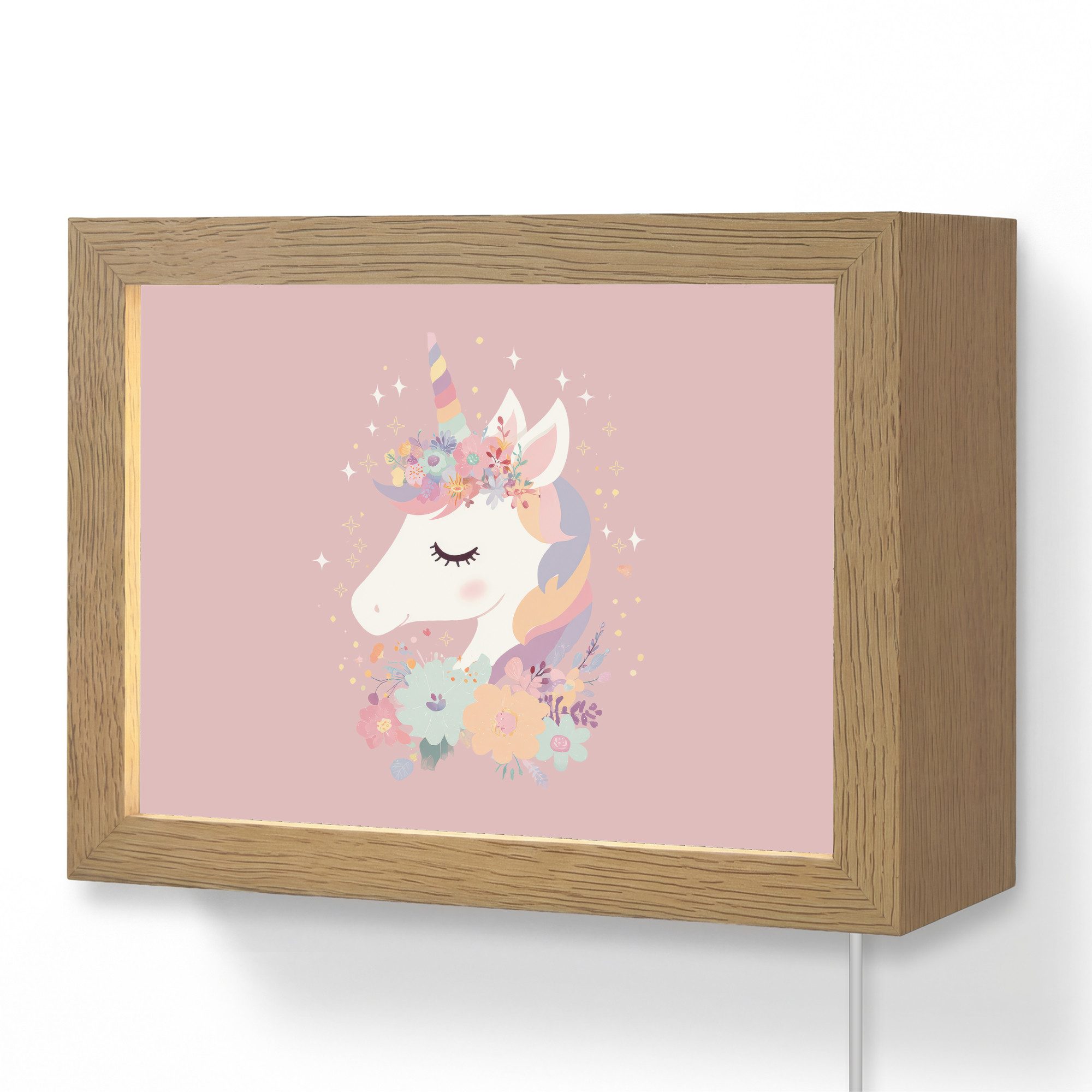 OnlyWow Wandleuchte Lightbox Einhorn - Rosa - Blumen - Mädchen, Dimmbar, Farbwechsel, LED, Warmweiß, Kaltweiß, Neutralweiß Einstellbar, Wandlampe Innen, Dimmbar, mit Kabel, LED, Modern, Kinder