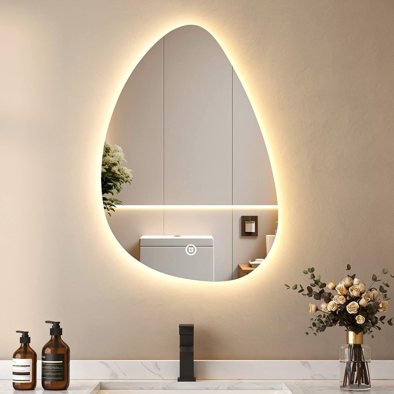 WDWRITTI Schminkspiegel LED Wandspiegel Schminktisch Kosmetikspiegel Asymmetrisch (LED Multifunktionspiegel, Wassertropfen, 65x90cm, 55x80cm), Kalt/Neutral/Warmweiß, Speicherfunktion
