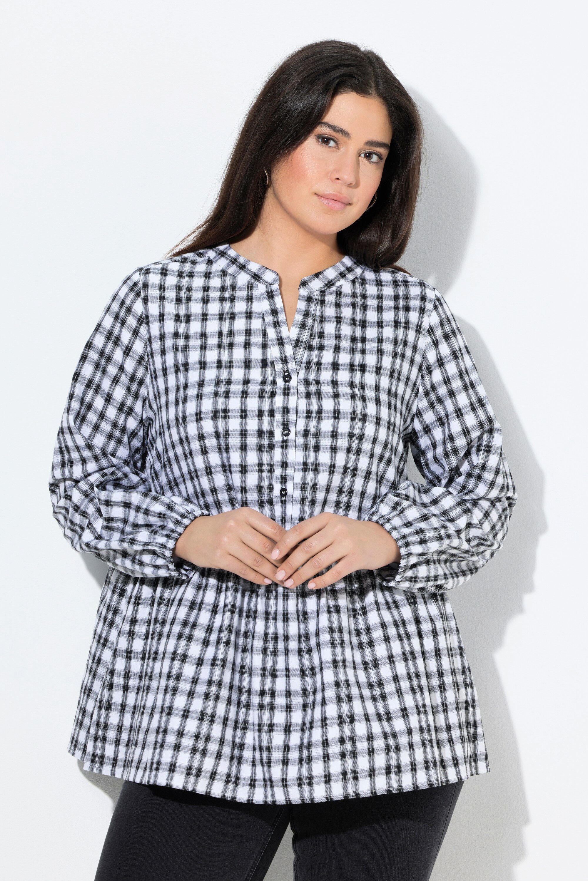 Ulla Popken Longbluse Bluse Karomuster Volantsaum Stehkragen Langarm günstig online kaufen