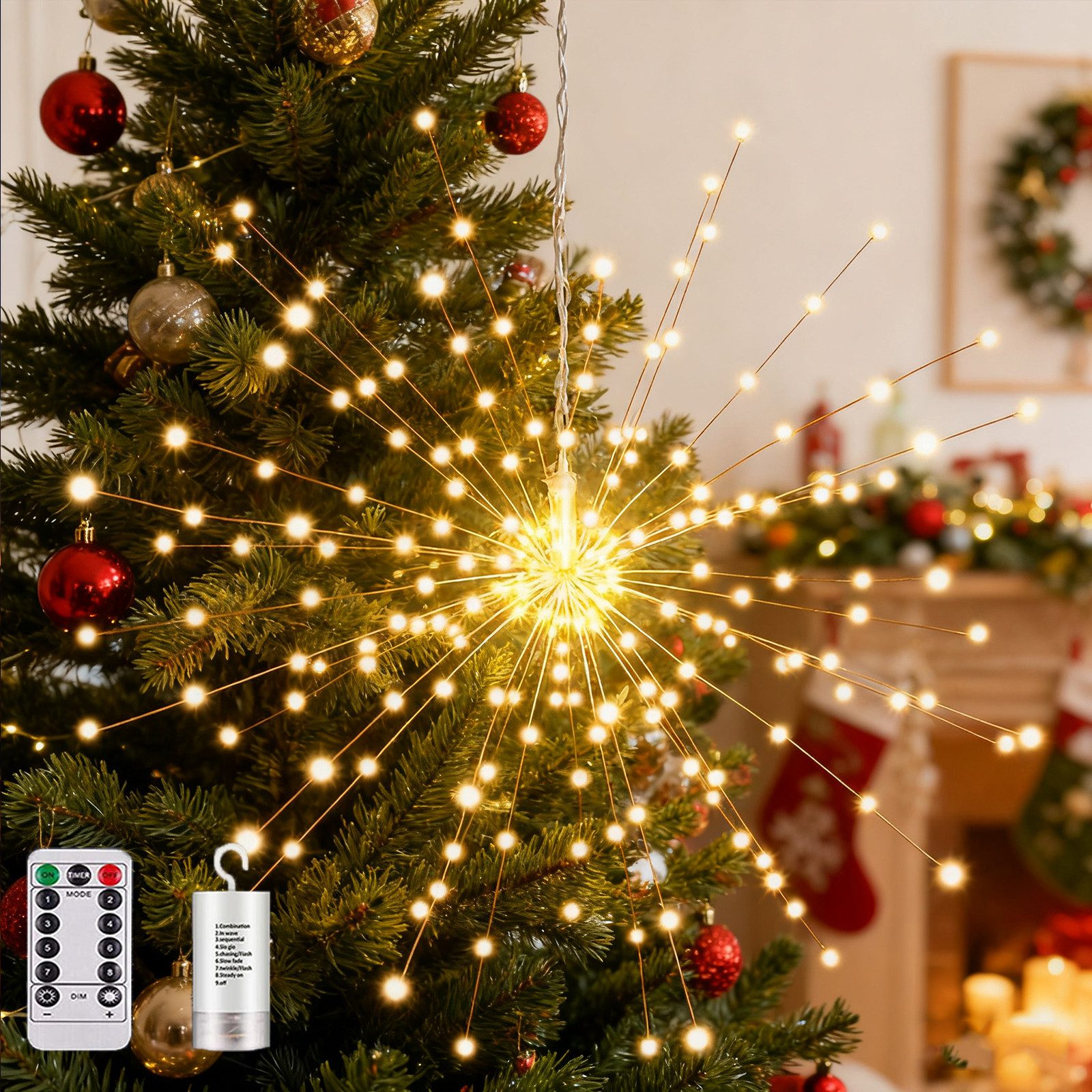MUPOO LED-Lichternetz LED-Lichtervorhang , 200 LEDs Lichterkette Feuerwerk, 8 Modi, Deko LED Lichtervorhang Batteriebetrieben für Zimmer Weihnachten