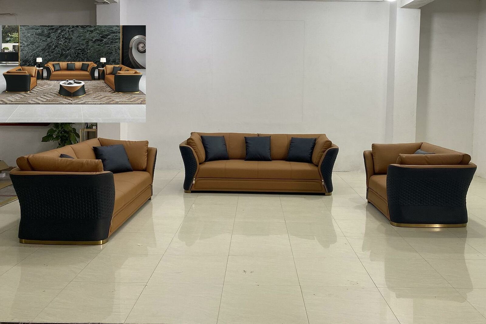 3+2+1 Schwarz/Braun Sitzer in JVmoebel Luxus Sitzgarnitur Polstermöbel Sofa Made Leder Neu, Europe