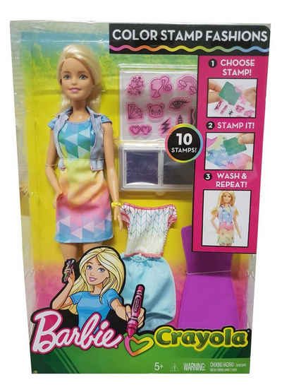 Barbie Anziehpuppe Mattel FRP05 Barbie Puppe - Mode-Set mit Stempeln (Packung, 15-tlg., inkl. 2 farbigen Stempelkissen, 2 verschiedene Outfits und 10 Stempel-Vorlagen)