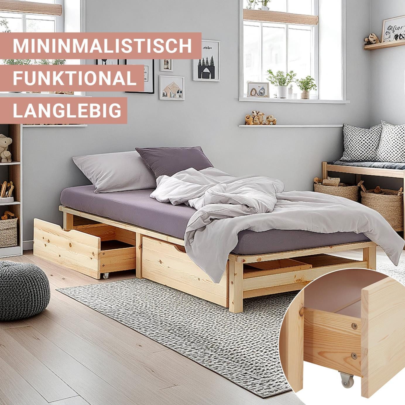 Homestyle4u Palettenbett 90x200 100x200 140x200 Holzbett Kiefer Natur Bettkasten Schublade (Set mit Lattenrost, 2x Bettkasten/Schublade), 100x200, naturbelassen