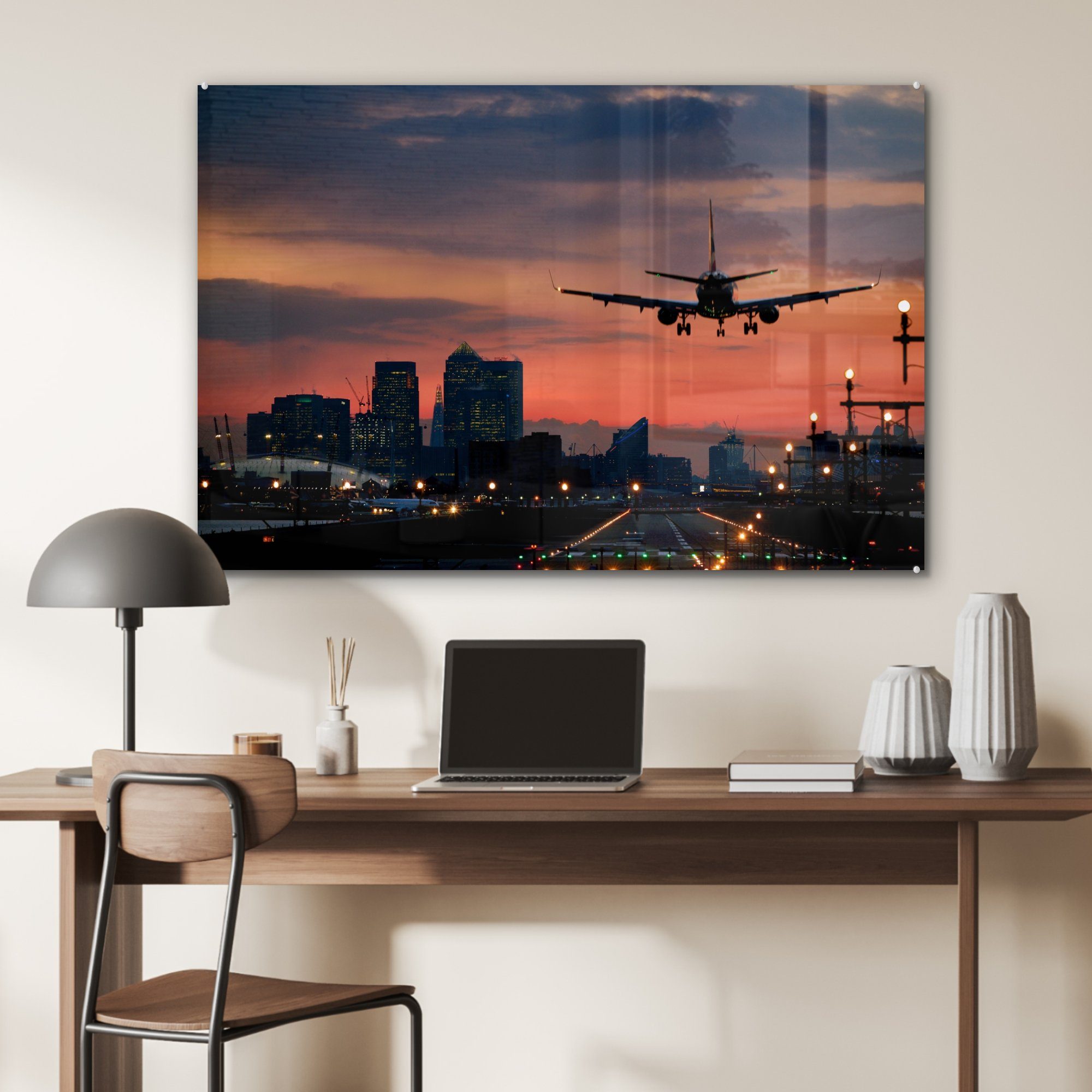 St), (1 Flugzeugs bei Sonnenaufgang, Schlafzimmer MuchoWow Acrylglasbild Acrylglasbilder & Wohnzimmer eines Landung