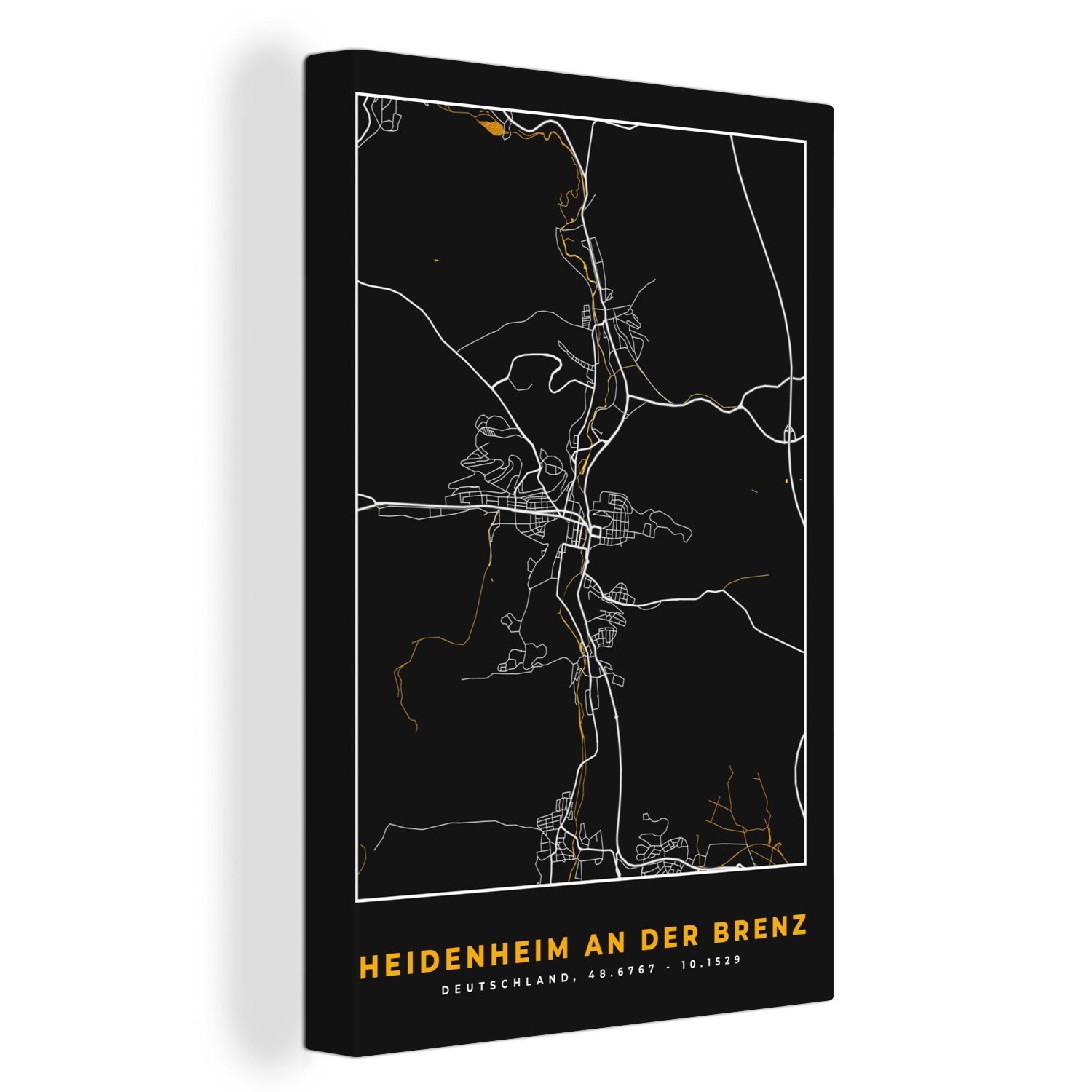 OneMillionCanvasses® Leinwandbild Karte - Stadtplan - Heidenheim an der Brenz - Deutschland - Gold, (1 St), Leinwandbild fertig bespannt inkl. Zackenaufhänger, Gemälde, 20x30 cm | Leinwandbilder