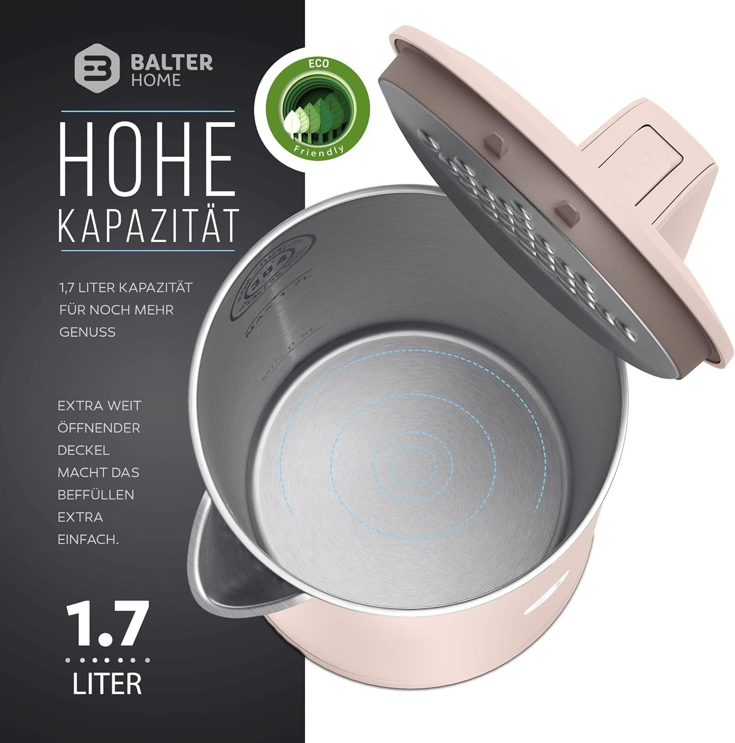 Balter Wasserkocher leistungsstarker Teekocher mit One-Touch Öffnung, 1.7 l, 2200,00 W, kabelloser Wasserkocher, BPA frei – Bild 5 von 5