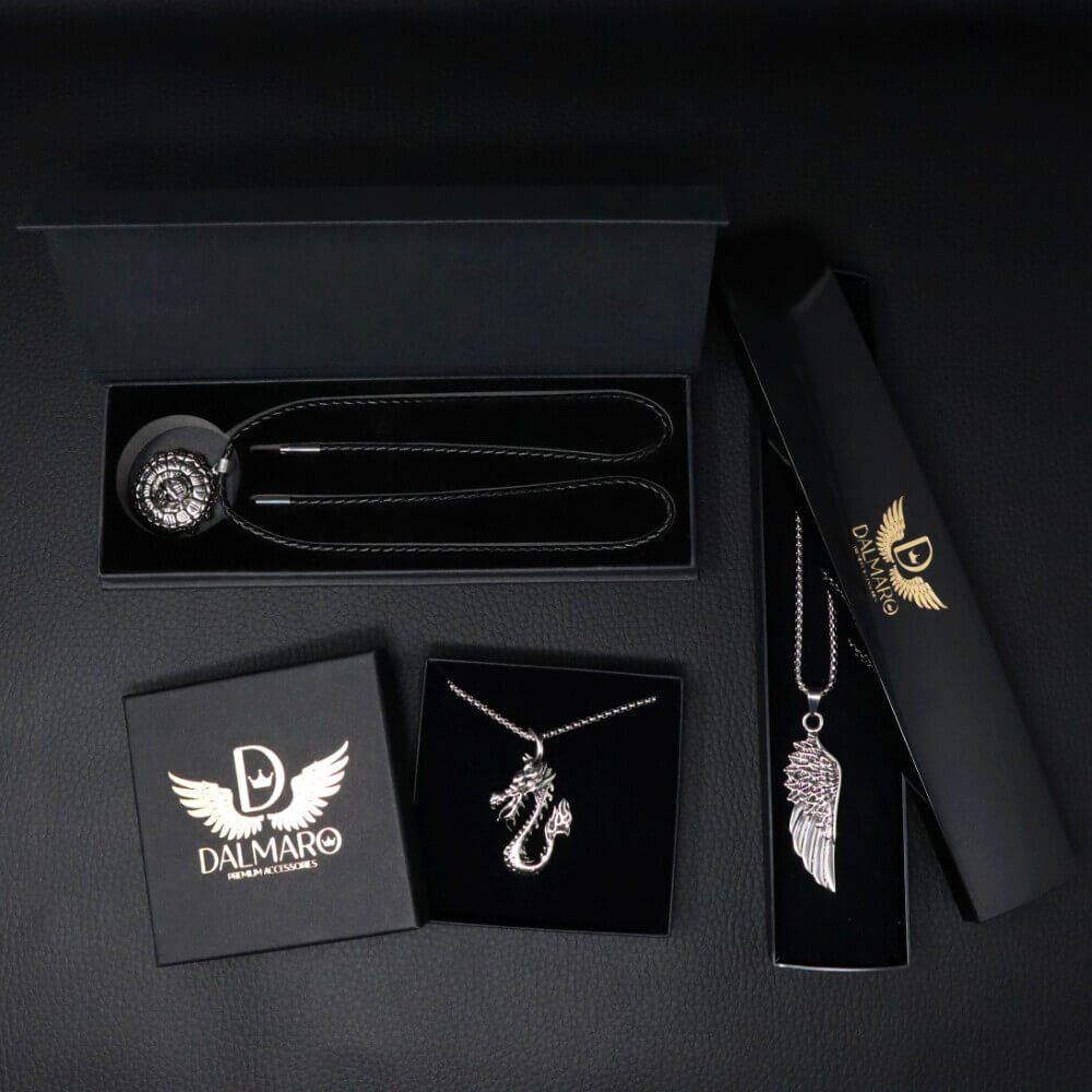 DALMARO Kette mit Anhänger Lederkette Edelstahlkette 316L FISH SKELETON, Herren Halskette Biker / Wikinger Kette - Schmuckbox