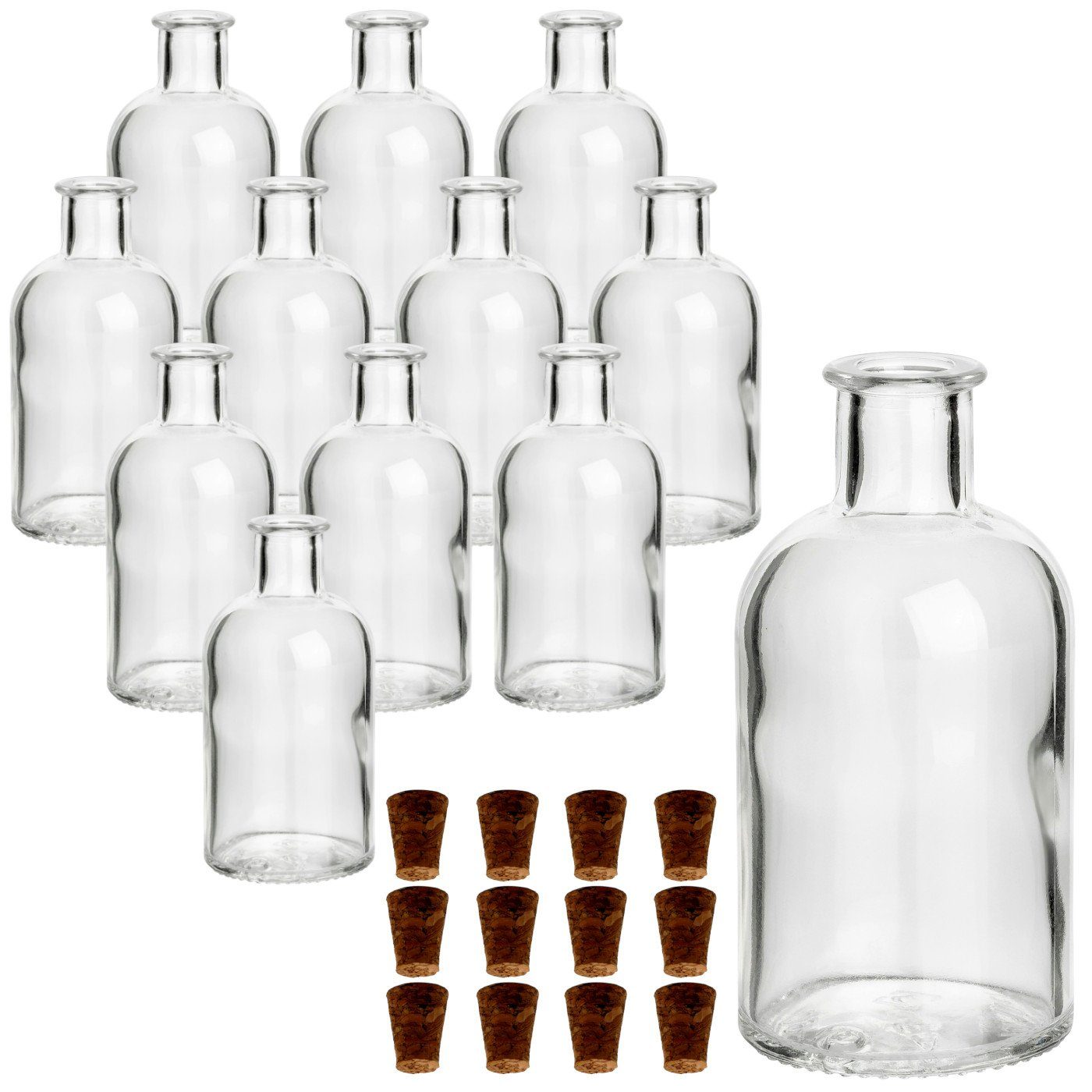 gouveo Trinkflasche Glasflaschen 100 ml Apotheker mit Korken zum Befüllen, 12er Set rund Spitzkorken