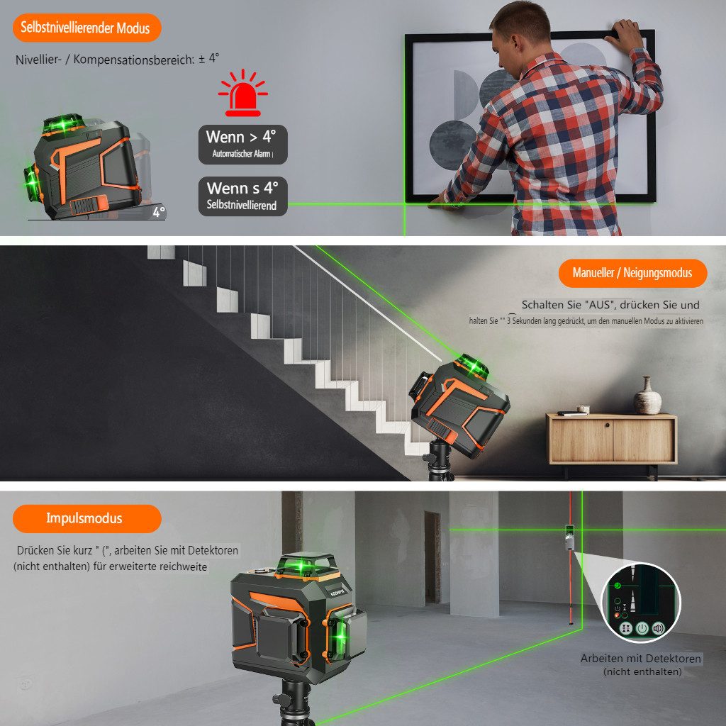 MECO Laserwasserwaage, (3x360° Kreuzlinienlaser 12 Linienlaser grüne Linien günstig online kaufen