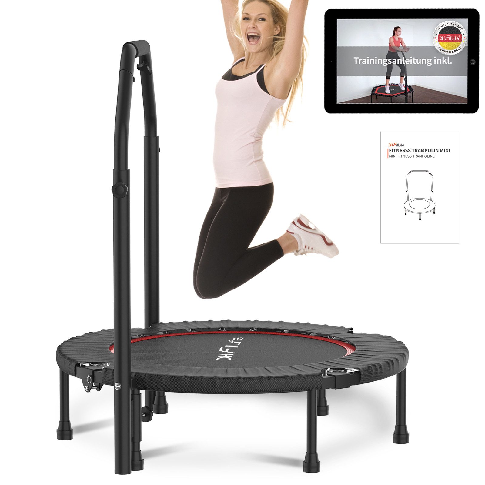 DH FitLife Fitnesstrampolin Indoor Trampolin klappbar ohne Installation Ø102cm 40 Zoll, Ø 102 cm, (Tragfähigkeit 150 KG, 4 verstellbare Handgriffstufen), Tragfähigkeit 150 KG, Stabiler und leiser für Kinder u. Erwachsene