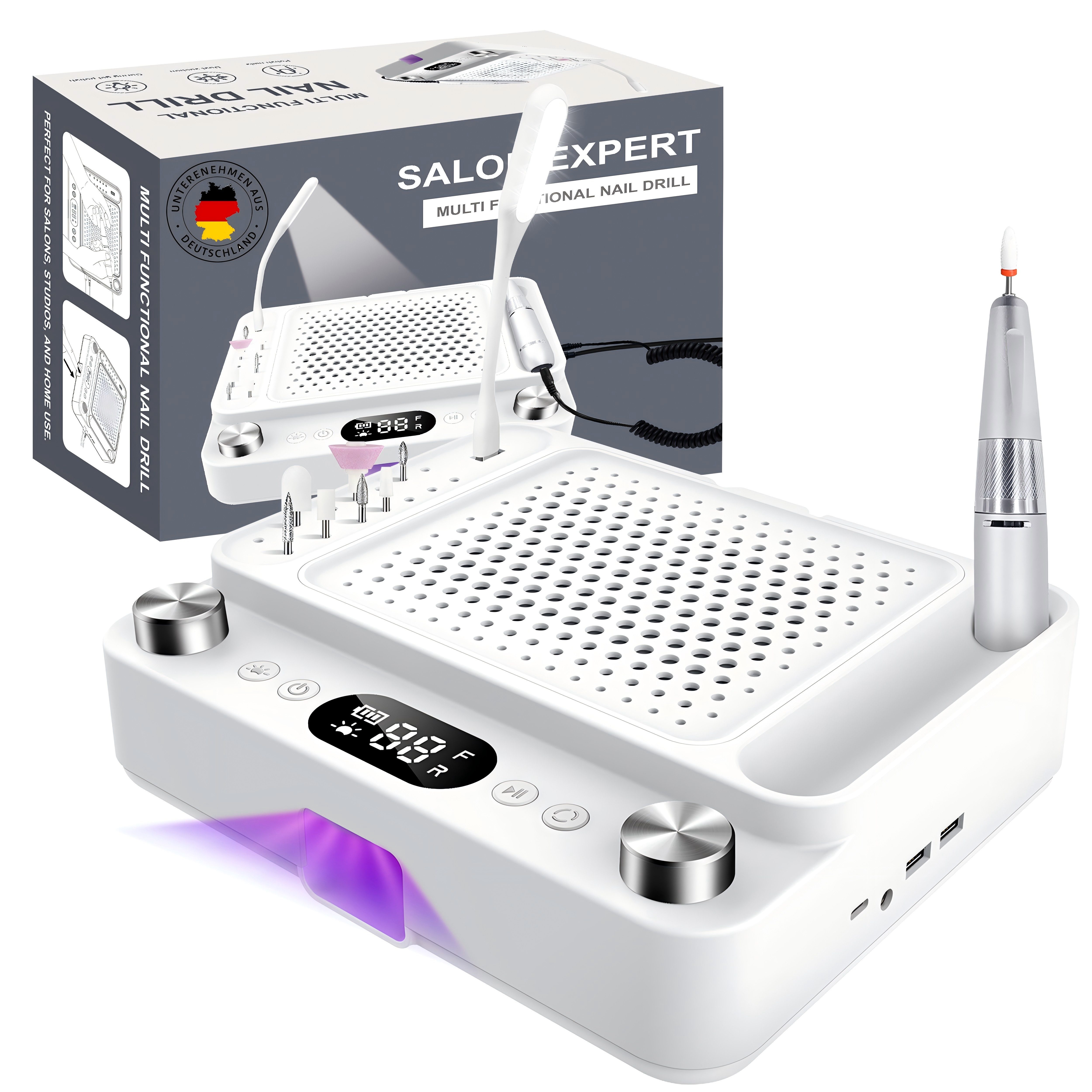 SWGOTA Maniküre-Pediküre-Set 3-in-1 Maniküregerät mit Nagelfräser, Staubabsaugung und UV/LED-Lampe, Maniküregerät für Nagelstudio und Zuhause, 80W Absaugung, Waschbarer Filter, <35dB, 96W UV LED, Stufenlos 1-40