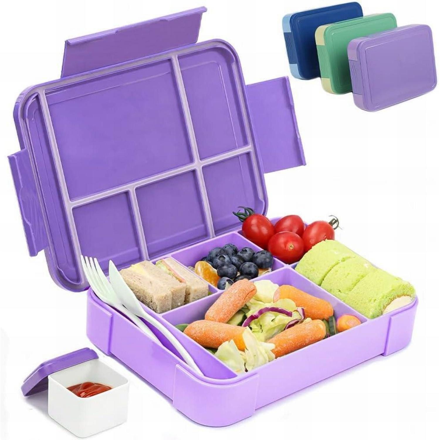 LuxusKollektion Lunchbox Brotdose Kinder 1330ml 6 Fächer Auslaufsicher Besteckset Lila