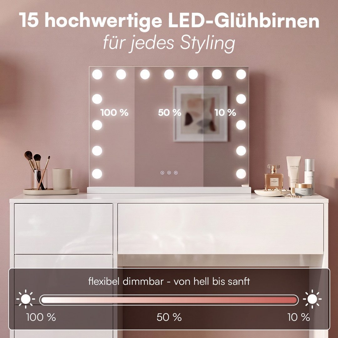 Bellamio Schminktisch Livny mit 5 Schubladen und Spiegel, Make Up Tisch 110×53×80 cm, Weiß (mit Hollywood-Spiegel, USB-Anschluss), Schminkspiegel 58×46 cm, 3 Fa – Bild 2 von 5