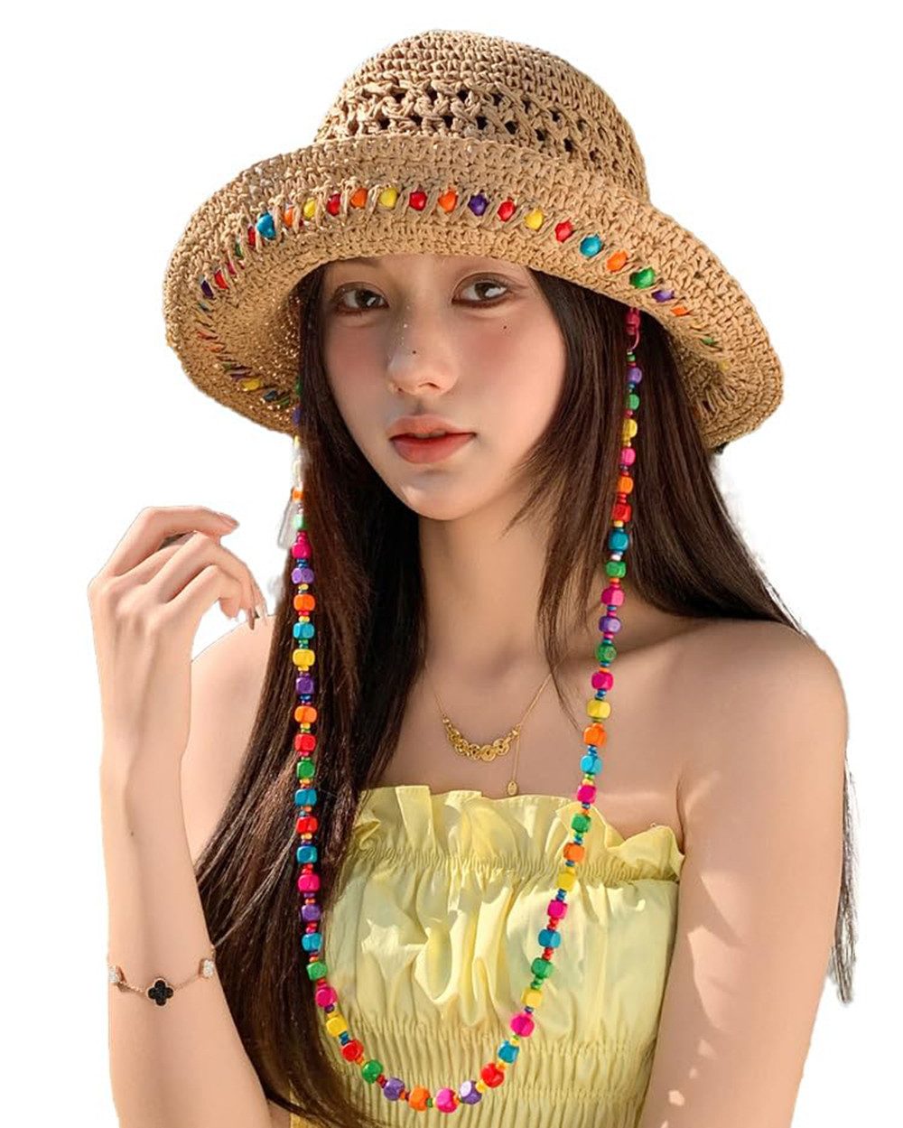 Zaewry Strohhut Sonnenhut Sommerhut Strandhut Straw hat, Damen faltbar, Einheitgröße Verziert mit bunten Holzperlen – Bohemian-Stil, UV-Schutz