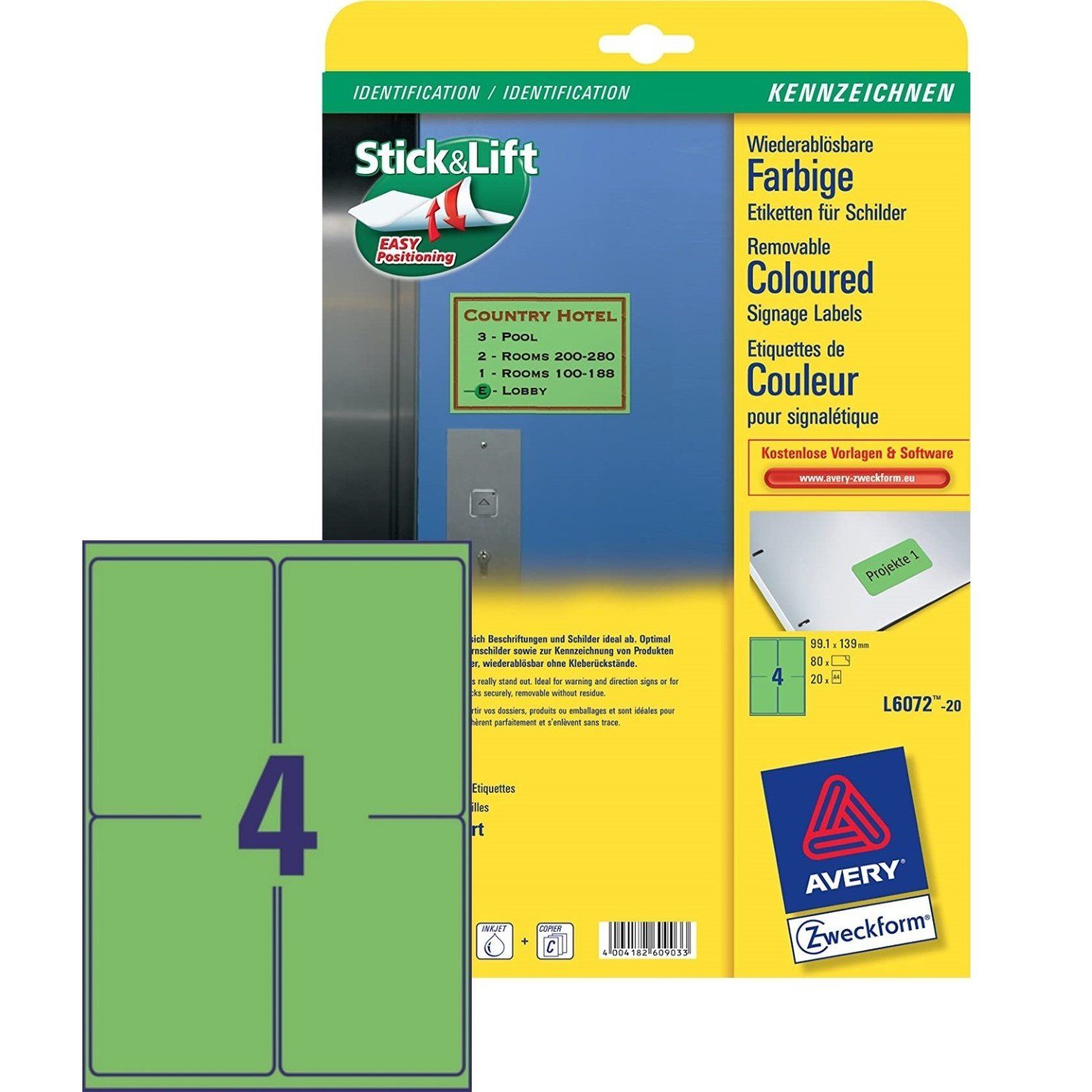 Avery Zweckform Etiketten 80x Etiketten Wiederablösbar Grün 99,1x139mm, Selbstklebend Hinweis-Schilder Warn-Aufkleber für alle A4 Drucker