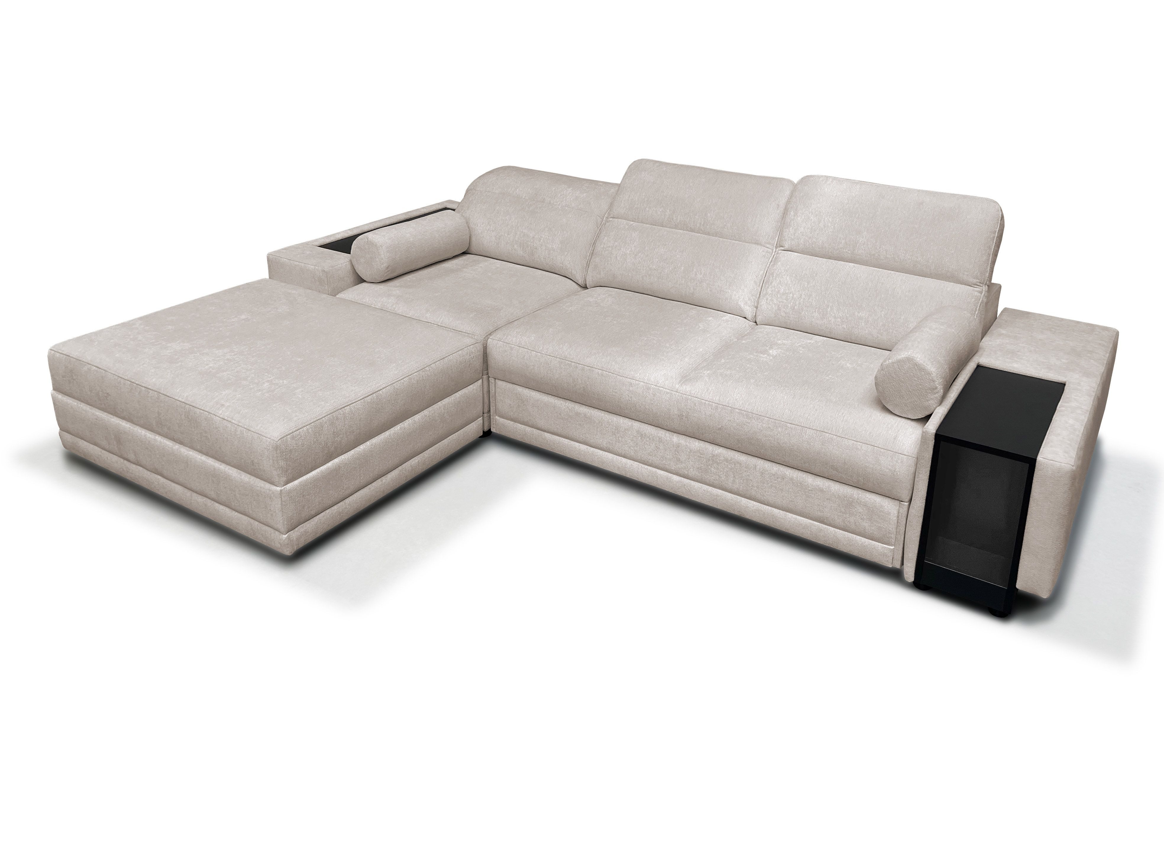 Möbel für Dich Ecksofa Enzo 1 als L-Sofa oder Sofa mit freistehendem Hocker aufstellbar, mit Schlaffunktion, Bettkasten, Minibar und verstellbaren Kopfstützen