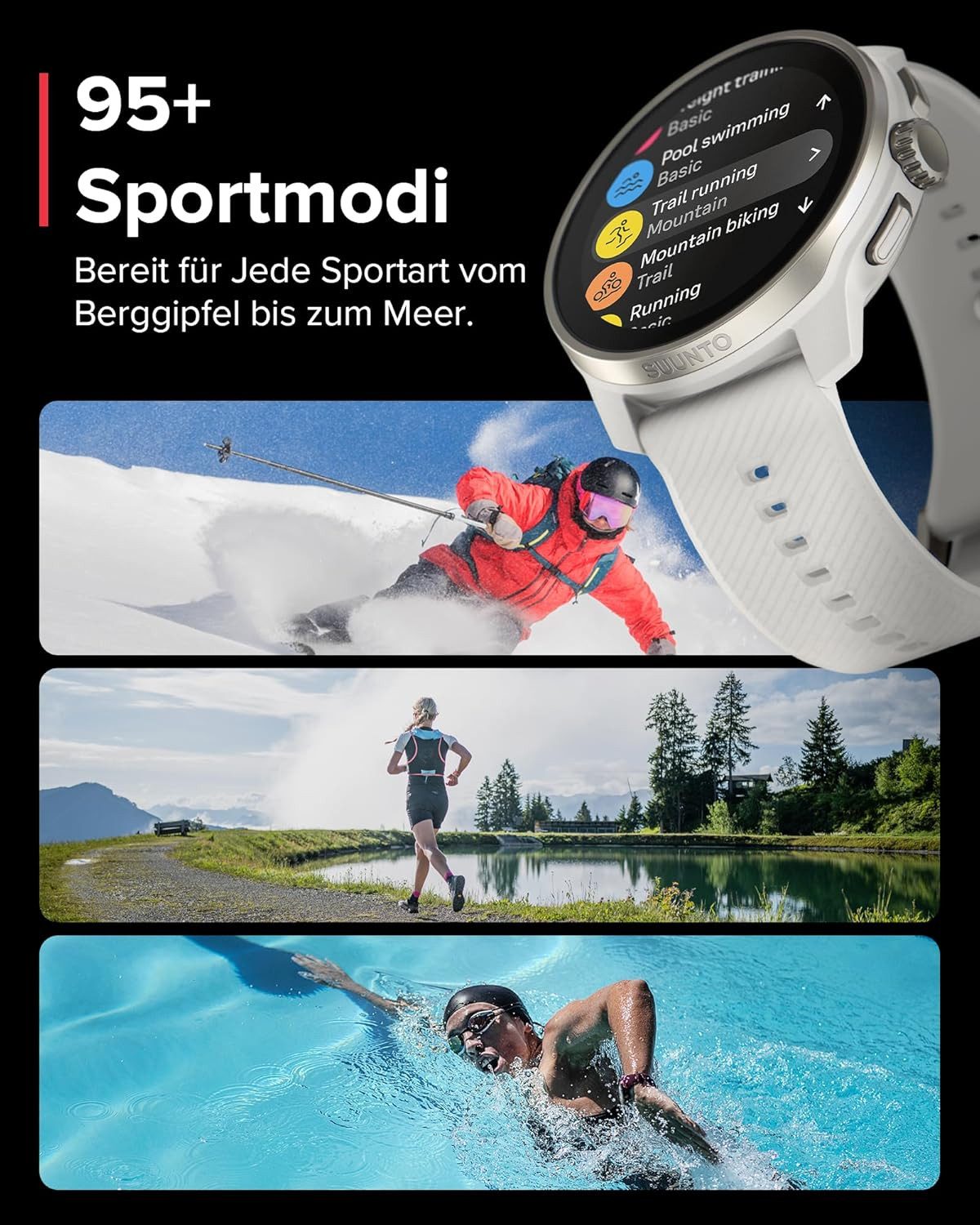 Suunto Smartwatch (3,3 cm, android ios), Multisport Smartwatch mit GPS AMOLED Display HRV und 95 Sportmodi