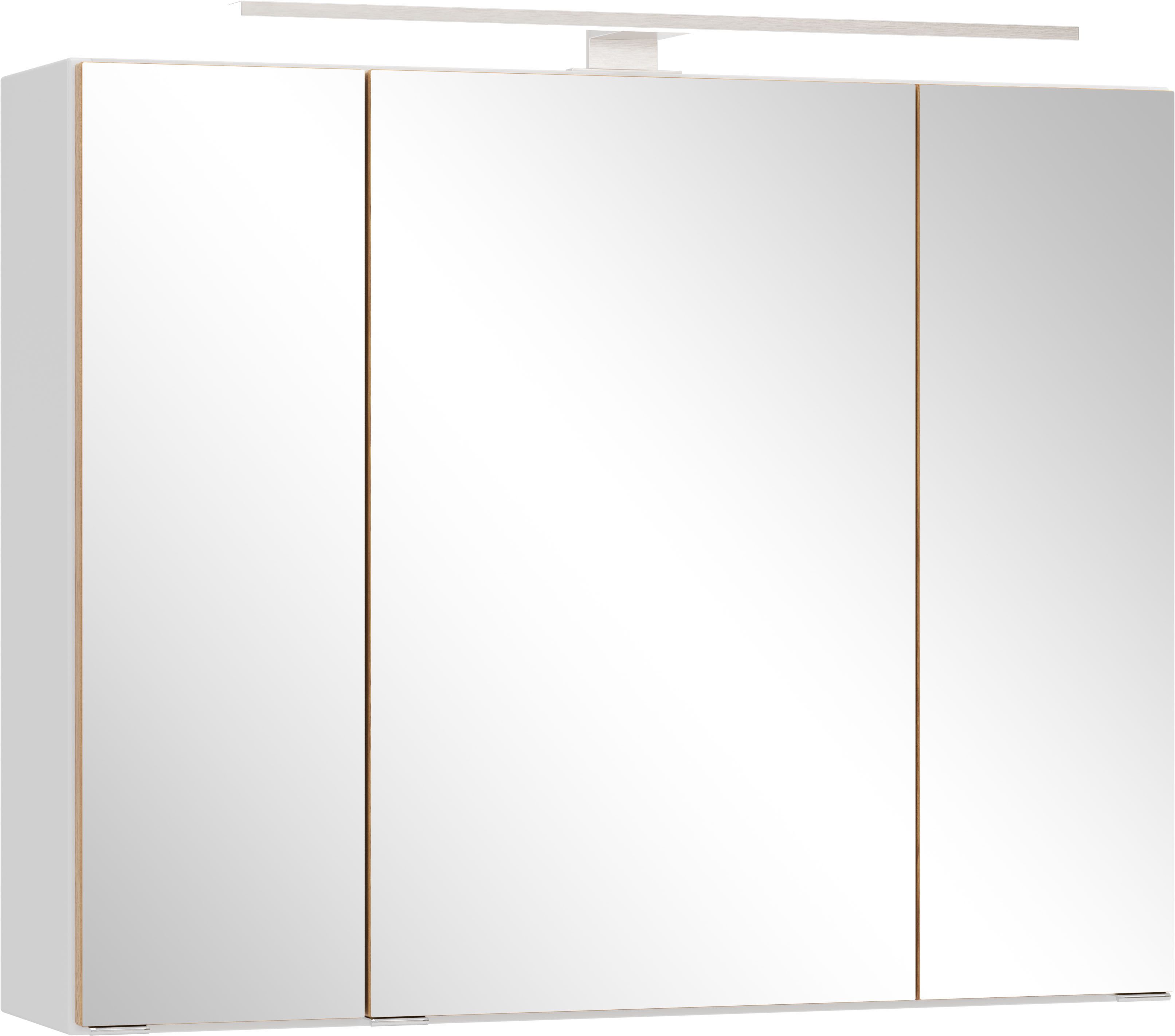 welltime Spiegelschrank TRIENT, 3D-Spiegelschrank 80 cm, gedämpfte Scharniere (Maße (B/H/T): ca. 80/64/20 cm) matt weiß/Wildeiche, gedämpfte Scharniere