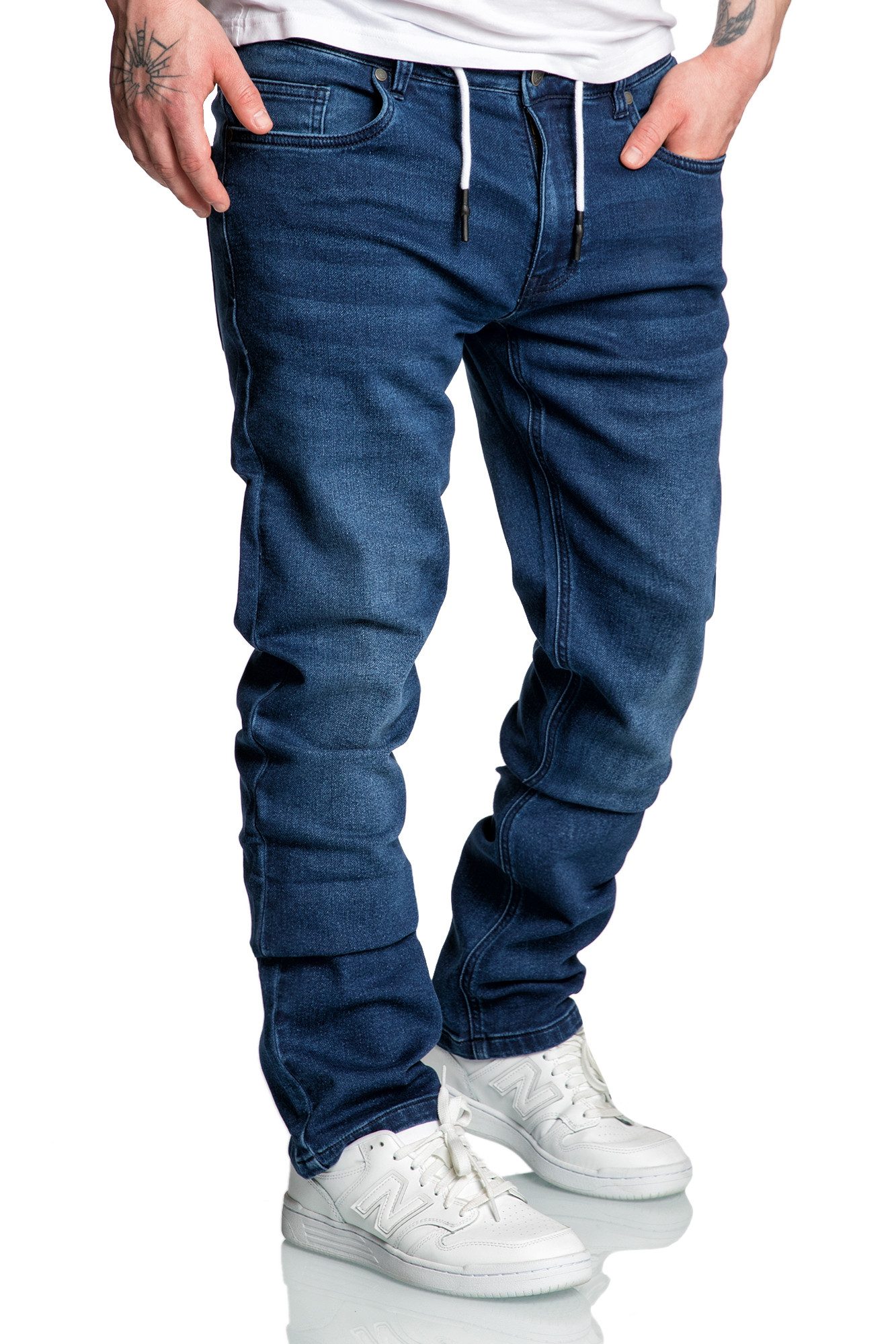 Amaci&Sons Straight-Jeans COPPELL Sweathose im Denim Look Herren Sweathose in Stretch Denim Basic Jeans Kordel – Bild 4 von 5