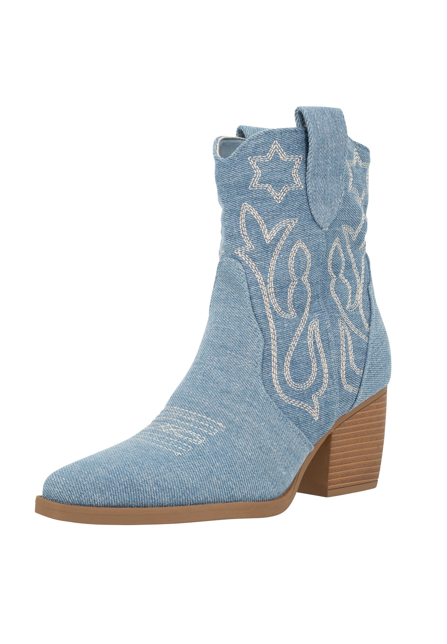 Salinyang Damen Western Stiefeletten in Denim-Optik mit Stickerei und Absatz Cowboystiefel