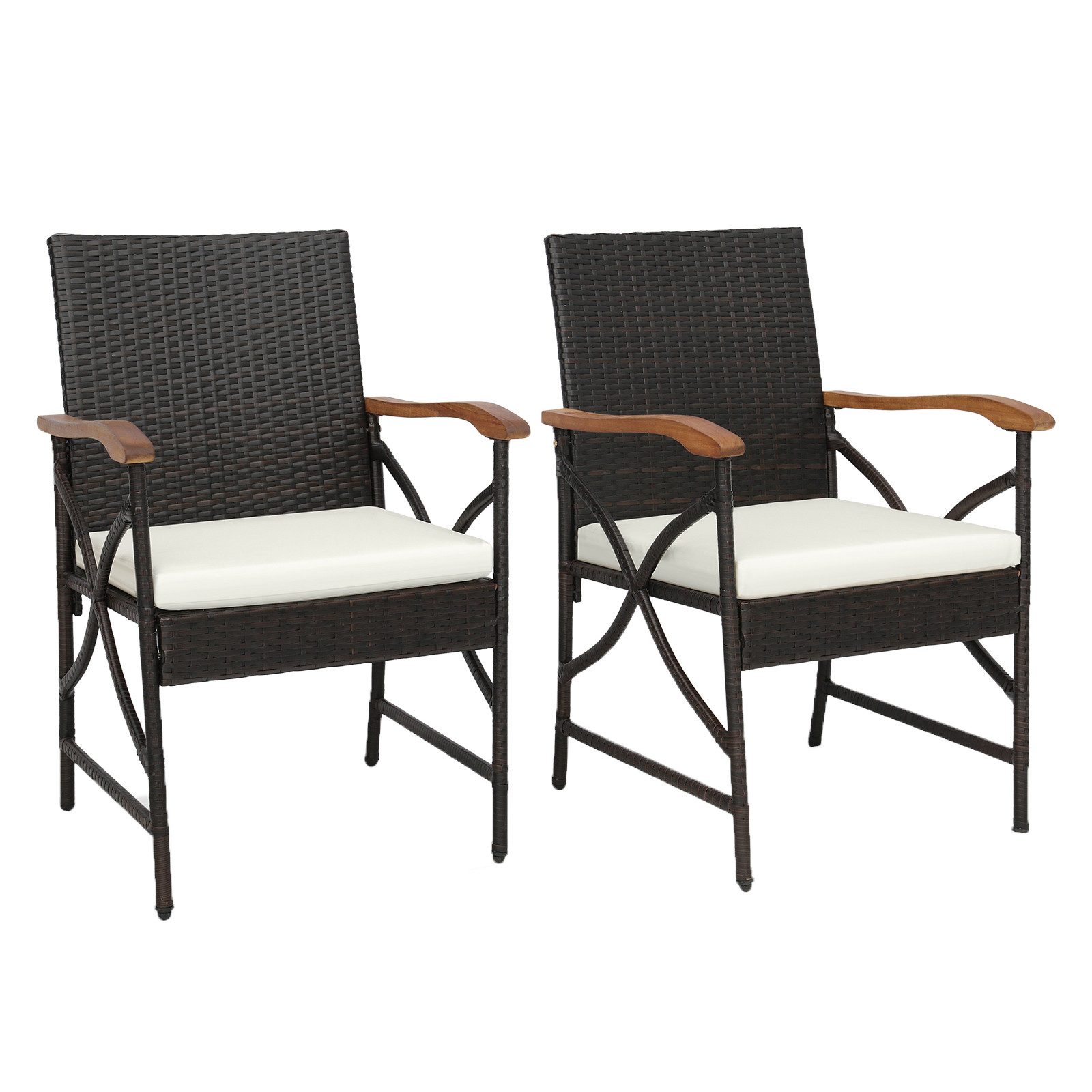 COSTWAY Gartenstuhl, 2er Set, Rattan, Akazie, X Design, mit Kissen