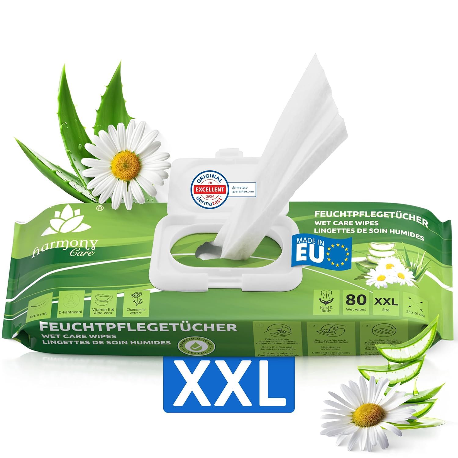 Harmony Care Intimpflege Premium Feuchttücher für Erwachsene XXL Feuchtpflegetücher extra dick Reinigungstücher für den Körper, Körperpflege, 80-tlg., Pflegetücher, Duft: Aloe Vera/Kamille oder Parfumfrei Neutral