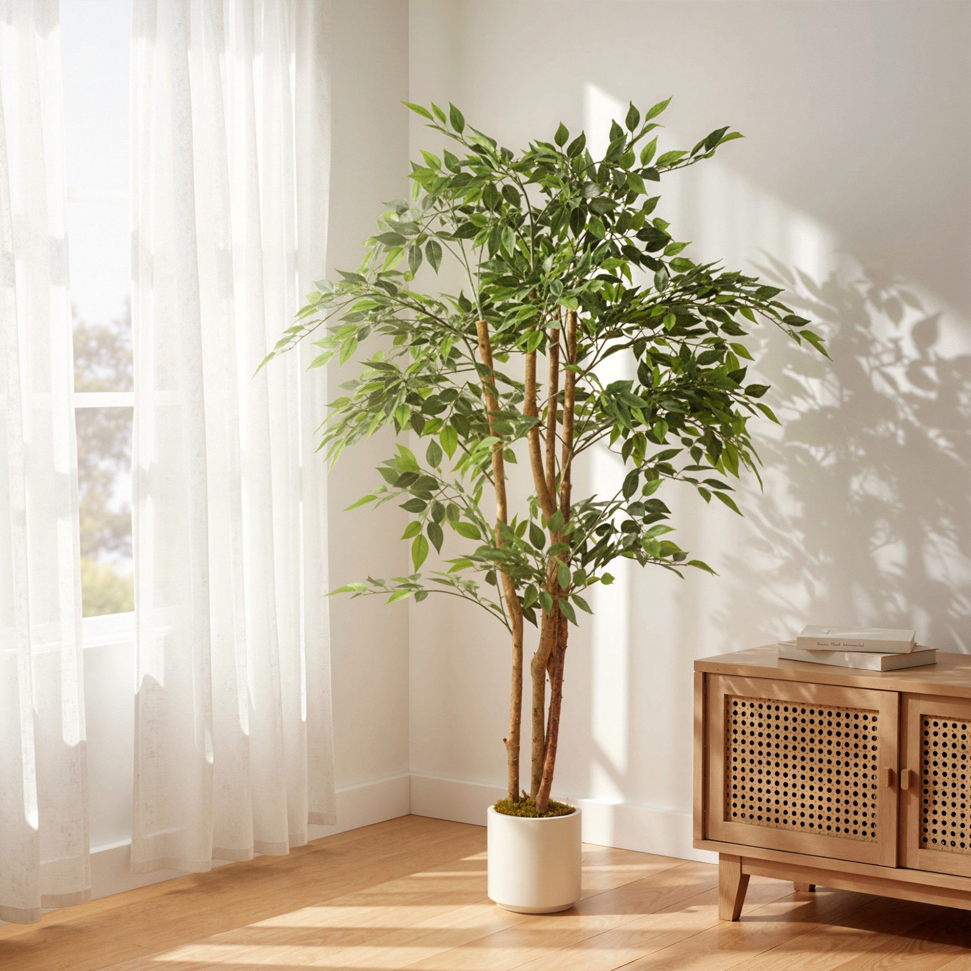 Kunstpflanze Künstliche Pflanze wie echt, Deko mit Massivholzstamm, Topf Banyanbaum, HOMCOM, Höhe 150 cm, für Wohnzimmer, Schlafzimmer, Büro, Garten, Grün