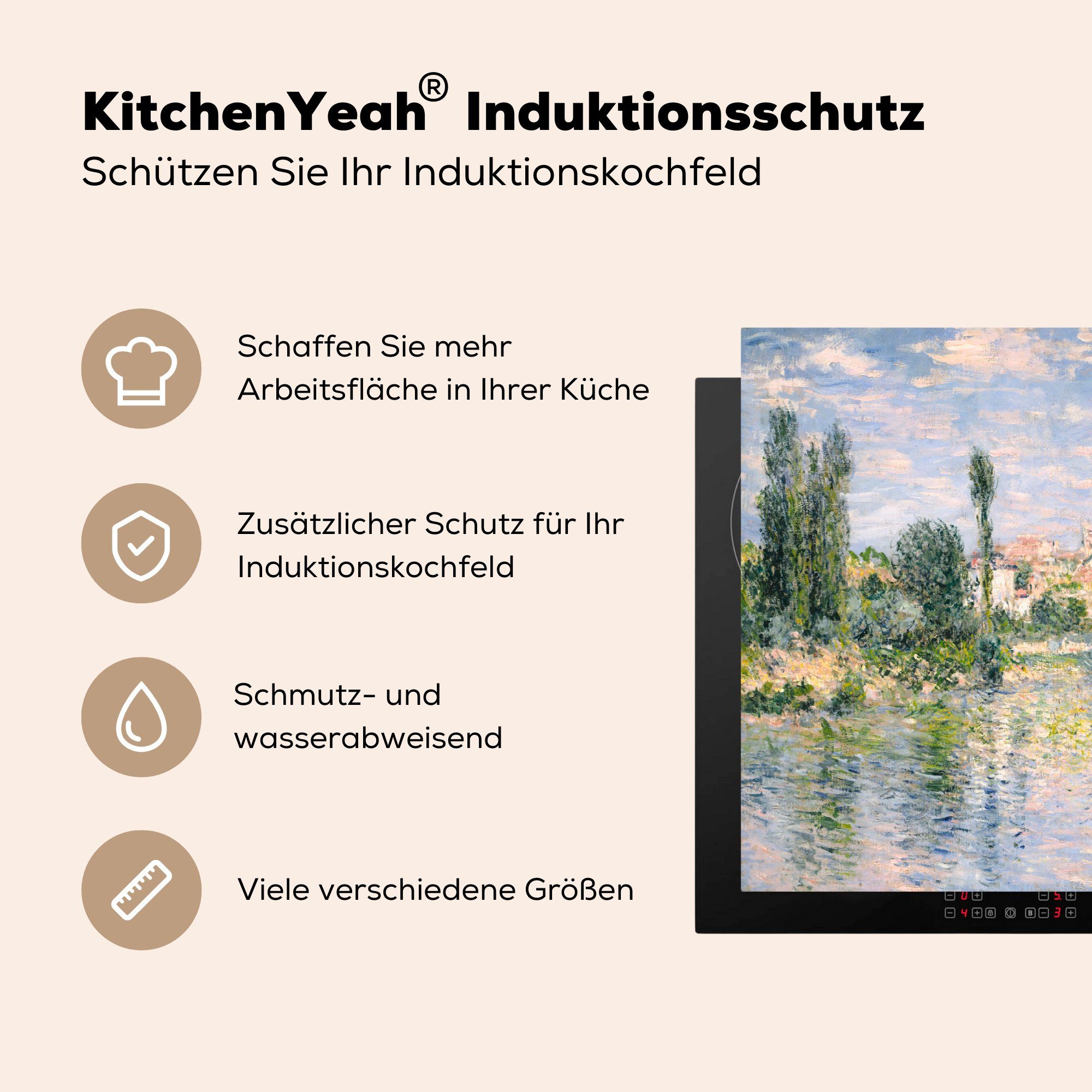tlg), (1 im Gemälde Herdblende-/Abdeckplatte Vinyl, MuchoWow von Ceranfeldabdeckung, für Claude cm, Sommer küche - 83x51 Monet, Vetheuil Arbeitsplatte