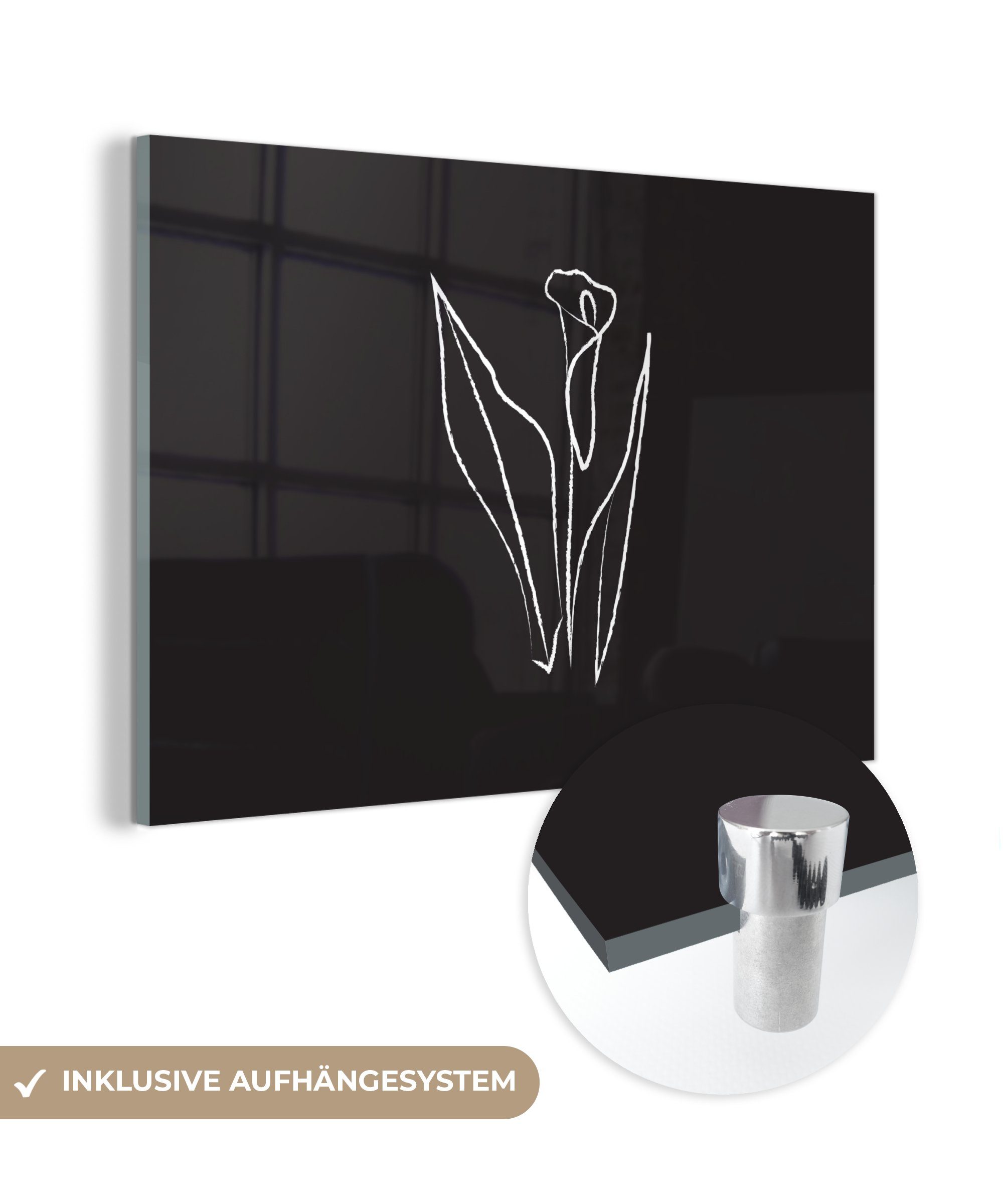 MuchoWow Acrylglasbild Blumen - Strichzeichnungen - Schwarz - Weiß, (1 St), Acrylglasbilder Wohnzimmer & Schlafzimmer