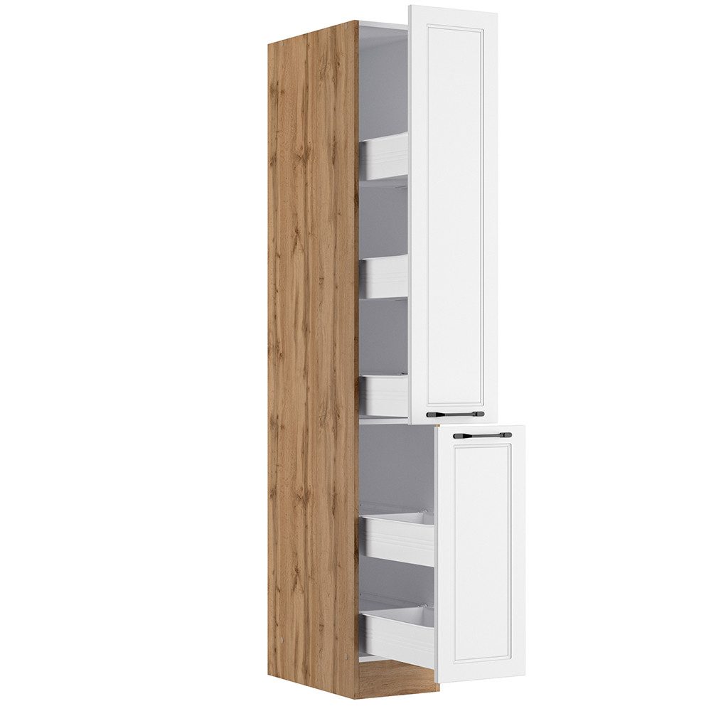 Lomadox Apothekerschrank MONTERREY-03 Auszugsschrank Hochschrank Küchenschrank, 30cm, weiß/Eiche