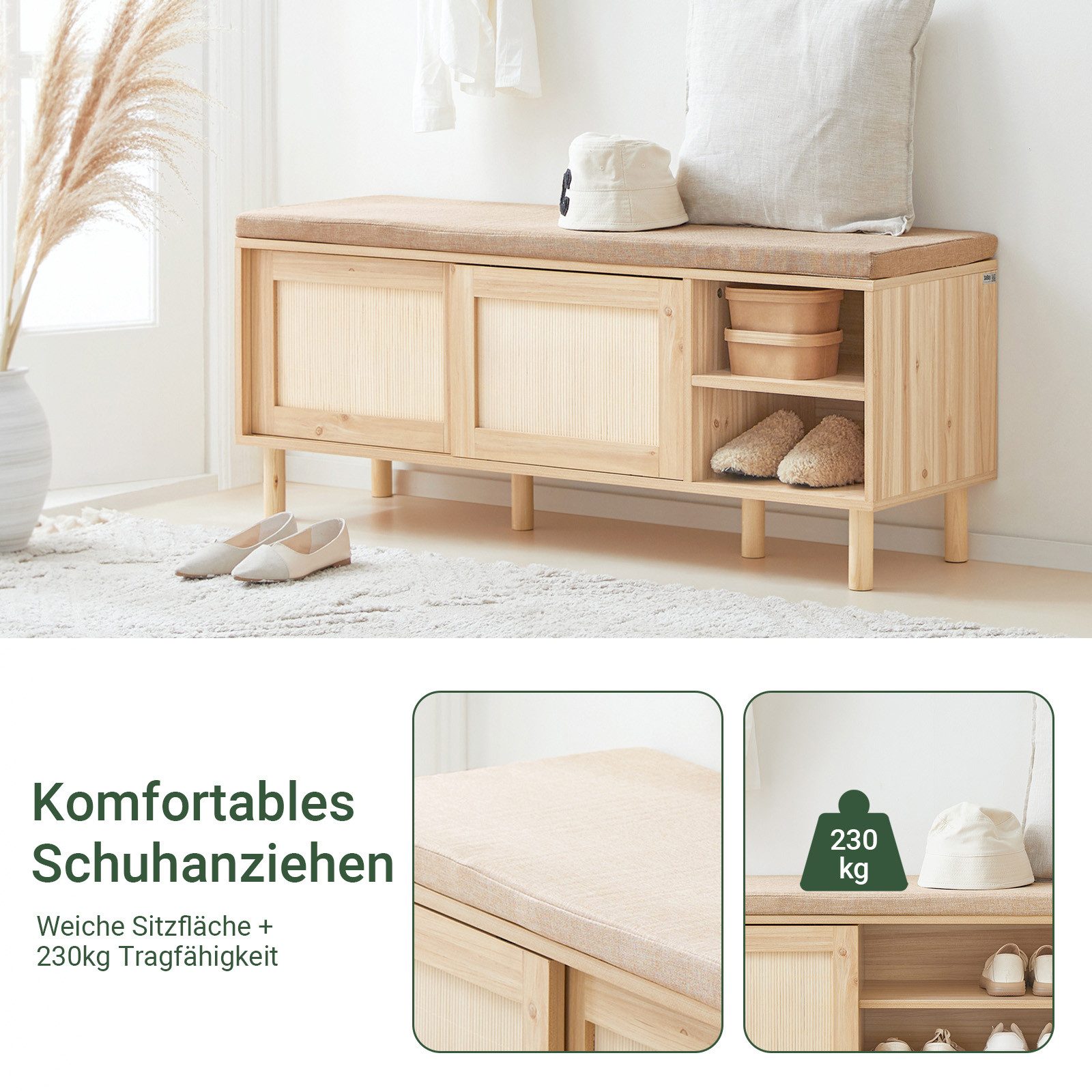 SoBuy Schuhbank FSR163, Schuhbank mit Sitzfläche, Schuhschrank schmal mit Schiebetüren, Sitzbank mit Stauraum Dielenbank Schuhtruhe Sitzkommode Schuhregal